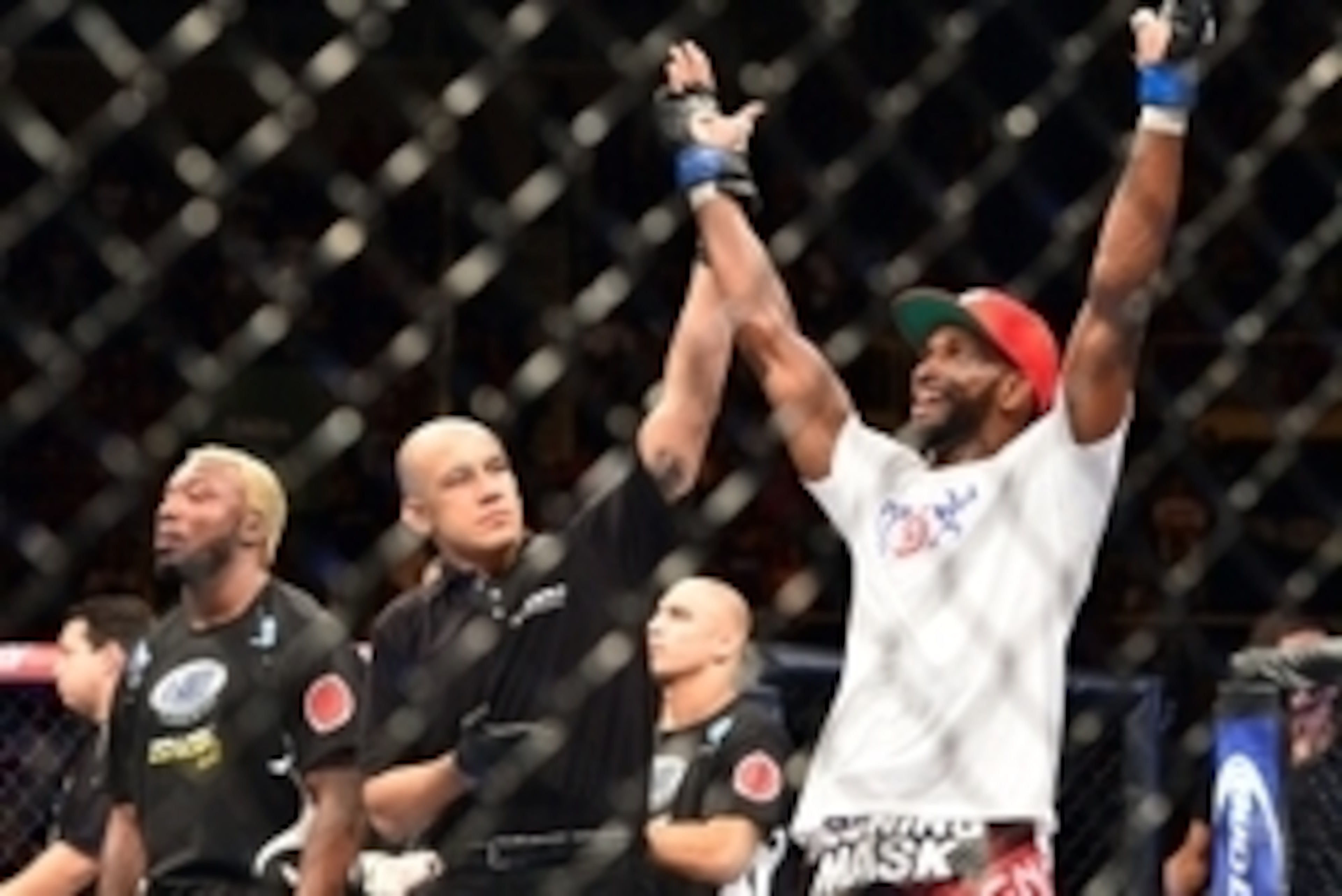 Oct 25, 2014; Rio de Janeiro, Brazil; Neil Magny (blue gloves) reacts after his fight against William Macario (not pictured) during UFC 179 at Ginasio do Maracanazinho. Mandatory Credit: Jason Silva-USA TODAY Sports