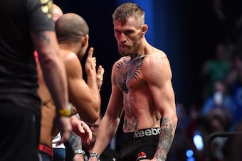LAS VEGAS, NEVADA - DECEMBER 11:  UFC featherweight champion Jose Aldo of Brazil (L) faces off against Conor McGregor of Ireland (R) during the UFC 194 Weigh-in event at the MGM Grand Garden Arena on December 11, 2015 in Las Vegas, Nevada.  (Photo by Jeff