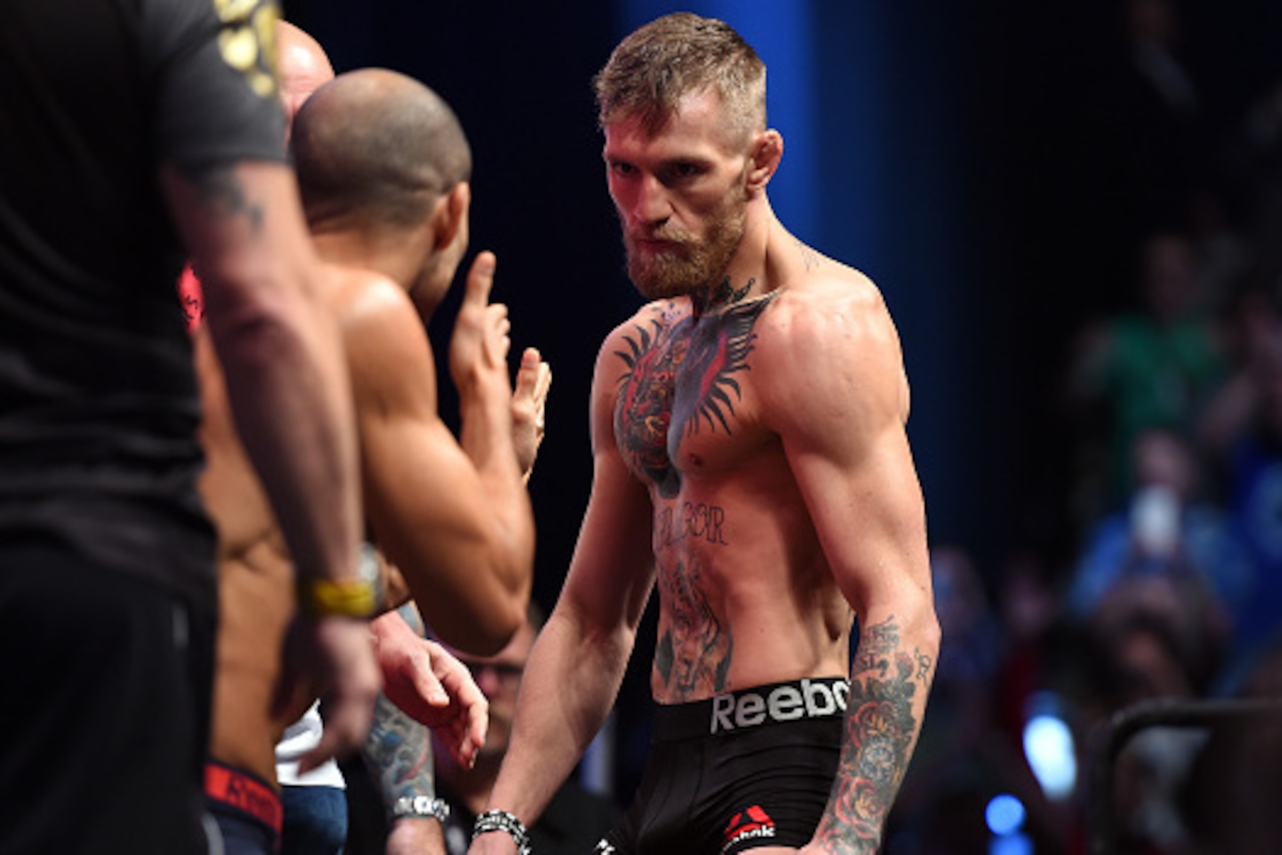 LAS VEGAS, NEVADA - DECEMBER 11:  UFC featherweight champion Jose Aldo of Brazil (L) faces off against Conor McGregor of Ireland (R) during the UFC 194 Weigh-in event at the MGM Grand Garden Arena on December 11, 2015 in Las Vegas, Nevada.  (Photo by Jeff