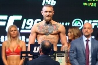 Mar 4, 2016; Las Vegas, NV, USA; Conor McGregor during weigh-ins for UFC 196 fight against Nate Diaz (not pictured) at MGM Grand Garden Arena. Mandatory Credit: Mark J. Rebilas-USA TODAY Sports