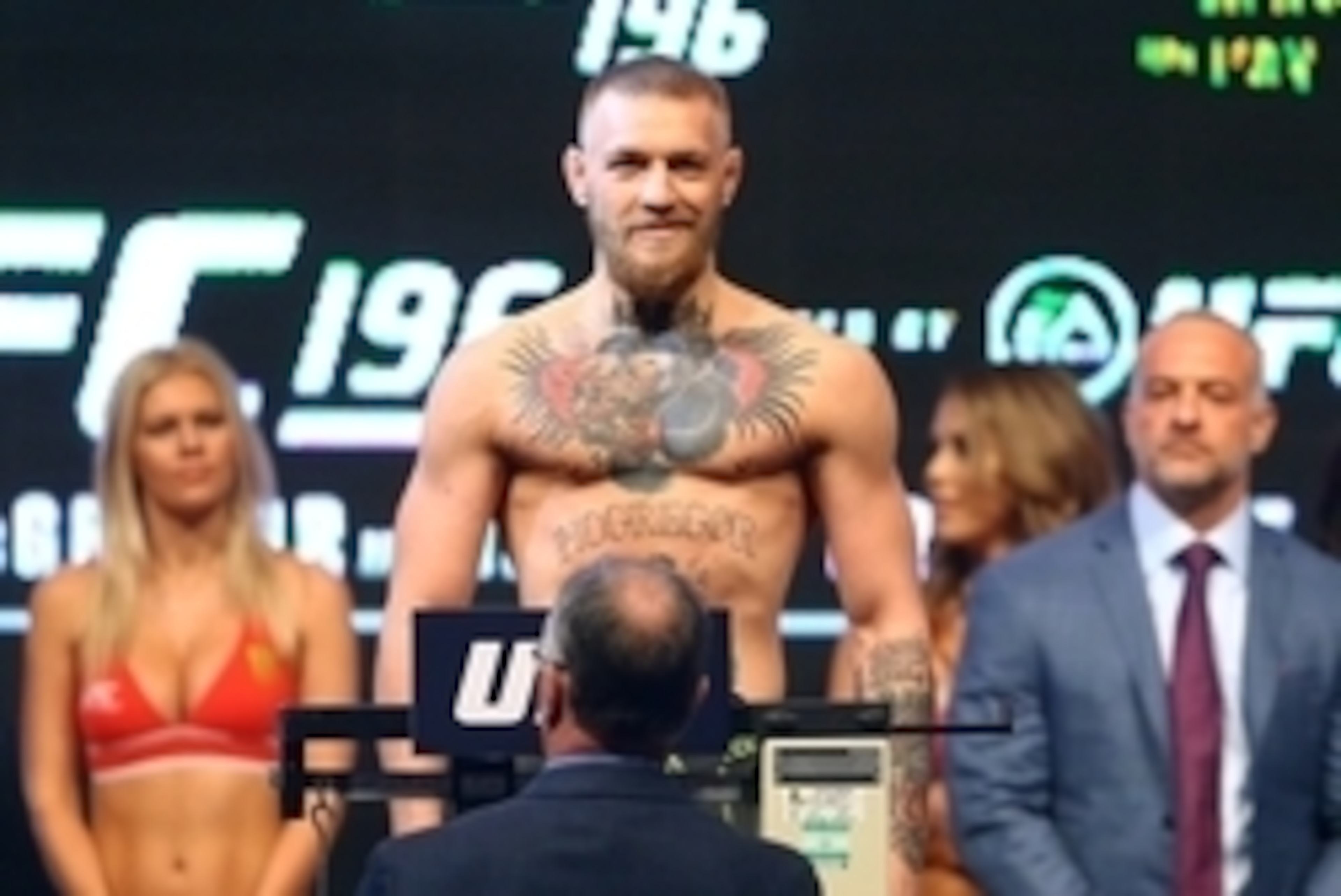 Mar 4, 2016; Las Vegas, NV, USA; Conor McGregor during weigh-ins for UFC 196 fight against Nate Diaz (not pictured) at MGM Grand Garden Arena. Mandatory Credit: Mark J. Rebilas-USA TODAY Sports Mar 4, 2016; Las Vegas, NV, USA; Conor McGregor during weigh-ins for UFC 196 fight against Nate Diaz (not pictured) at MGM Grand Garden Arena. Mandatory Credit: Mark J. Rebilas-USA TODAY Sports