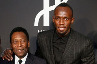 NEW YORK, NY - APRIL 19:  (L-R) Jean-Francois Sberro, Pele, Usain Bolt, Ricardo Guadalupe, and Justin Rose attend Hublot's celebration of it's grand opening of Hublot Fifth Avenue and the 10 year anniversary of it's All Black Collection at Solomon R. Gugg