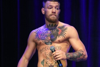 LAS VEGAS, NV - AUGUST 18:  UFC featherweight champion Conor McGregor takes questions from the media during an open workout for UFC 202 at Rocks Lounge at the Red Rock Casino on August 18, 2016 in Las Vegas, Nevada. McGregor is scheduled to fight Nate Dia