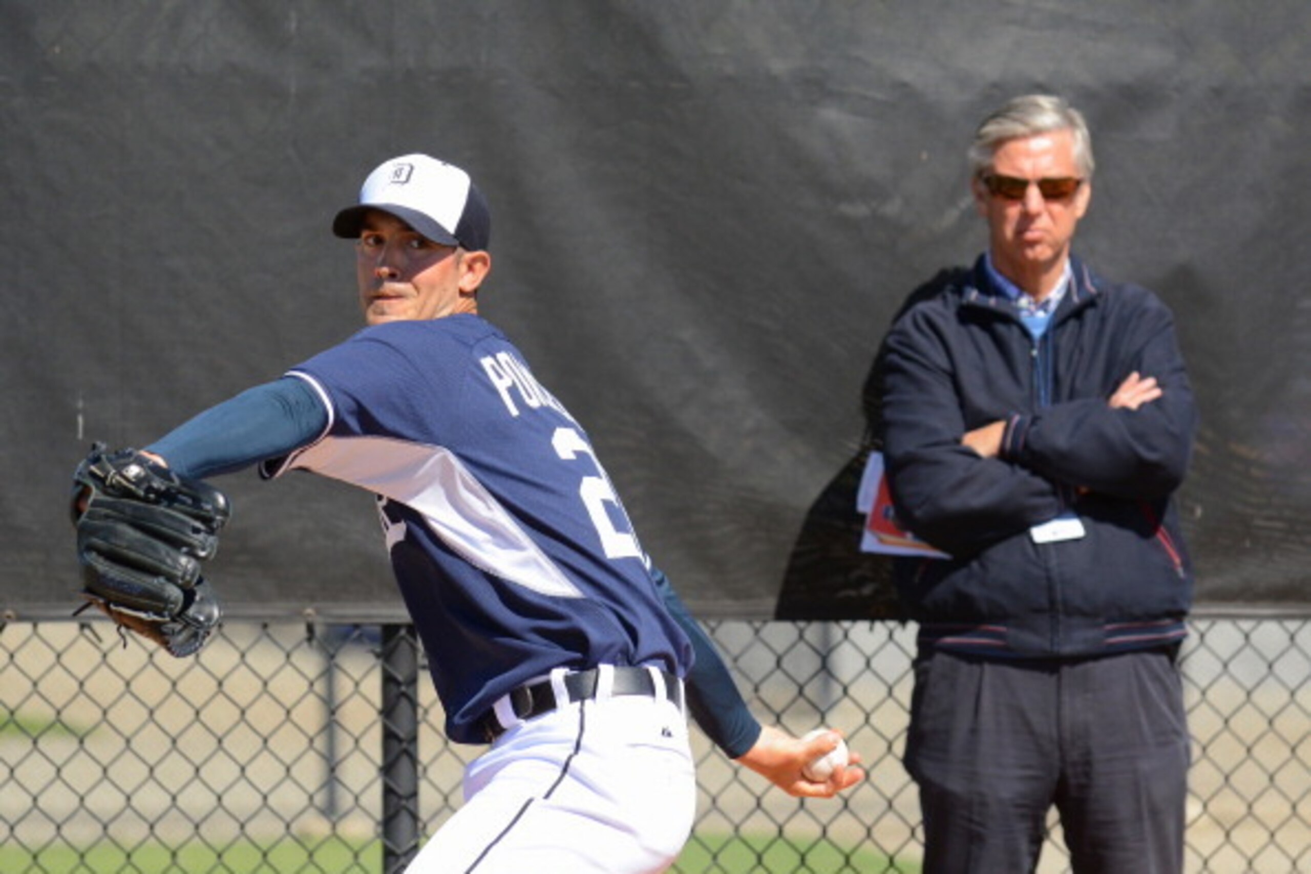 LAKELAND, FL - FEBRUARY 14: Detroit Tigers President, CEO and General Manager Dave Dombrowski watches as Rick Porcello #21 throws a pitch during the Tigers workout day at the TigerTown Complex on February 14, 2014 in Lakeland, Florida. (Photo by Mark Cu LAKELAND, FL - FEBRUARY 14: Detroit Tigers President, CEO and General Manager Dave Dombrowski watches as Rick Porcello #21 throws a pitch during the Tigers workout day at the TigerTown Complex on February 14, 2014 in Lakeland, Florida. (Photo by Mark Cu