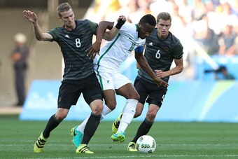 SAO PAULO, BRAZIL - AUGUST 17: John Obi Mikel #10 of Nigeria competes for the ball with Lars Bender #8 of Germany and Sven Bender #6 of Germany during the Men's Semifinal Football match between Nigeria and Germany on Day 12 of the Rio 2016 Olympic Games SAO PAULO, BRAZIL - AUGUST 17: John Obi Mikel #10 of Nigeria competes for the ball with Lars Bender #8 of Germany and Sven Bender #6 of Germany during the Men's Semifinal Football match between Nigeria and Germany on Day 12 of the Rio 2016 Olympic Games