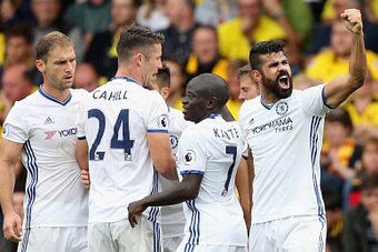 WATFORD, ENGLAND - AUGUST 20:  Diego Costa of Chelsea celebrates scoring their winning goal during the Premier League match between Watford and Chelsea at Vicarage Road on August 20, 2016 in Watford, England.  (Photo by Christopher Lee/Getty Images)