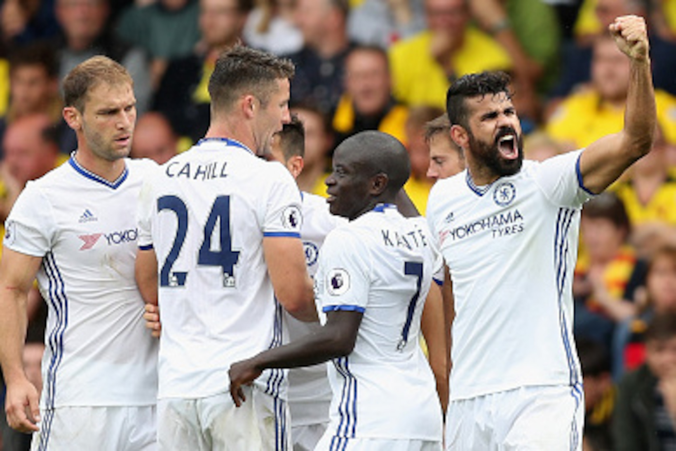WATFORD, ENGLAND - AUGUST 20:  Diego Costa of Chelsea celebrates scoring their winning goal during the Premier League match between Watford and Chelsea at Vicarage Road on August 20, 2016 in Watford, England.  (Photo by Christopher Lee/Getty Images)