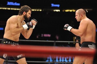 ANAHEIM, CA - JANUARY 24:  Affliction fighter Andrei Arlovski (L) battles Fedor Emelianenko (L) during their Heavyweight bout at 'Affliction M-1 Global Day of Reckoning' at the Honda Center on January 24, 2009 in Anaheim, California.  (Photo by Jon Kopalo