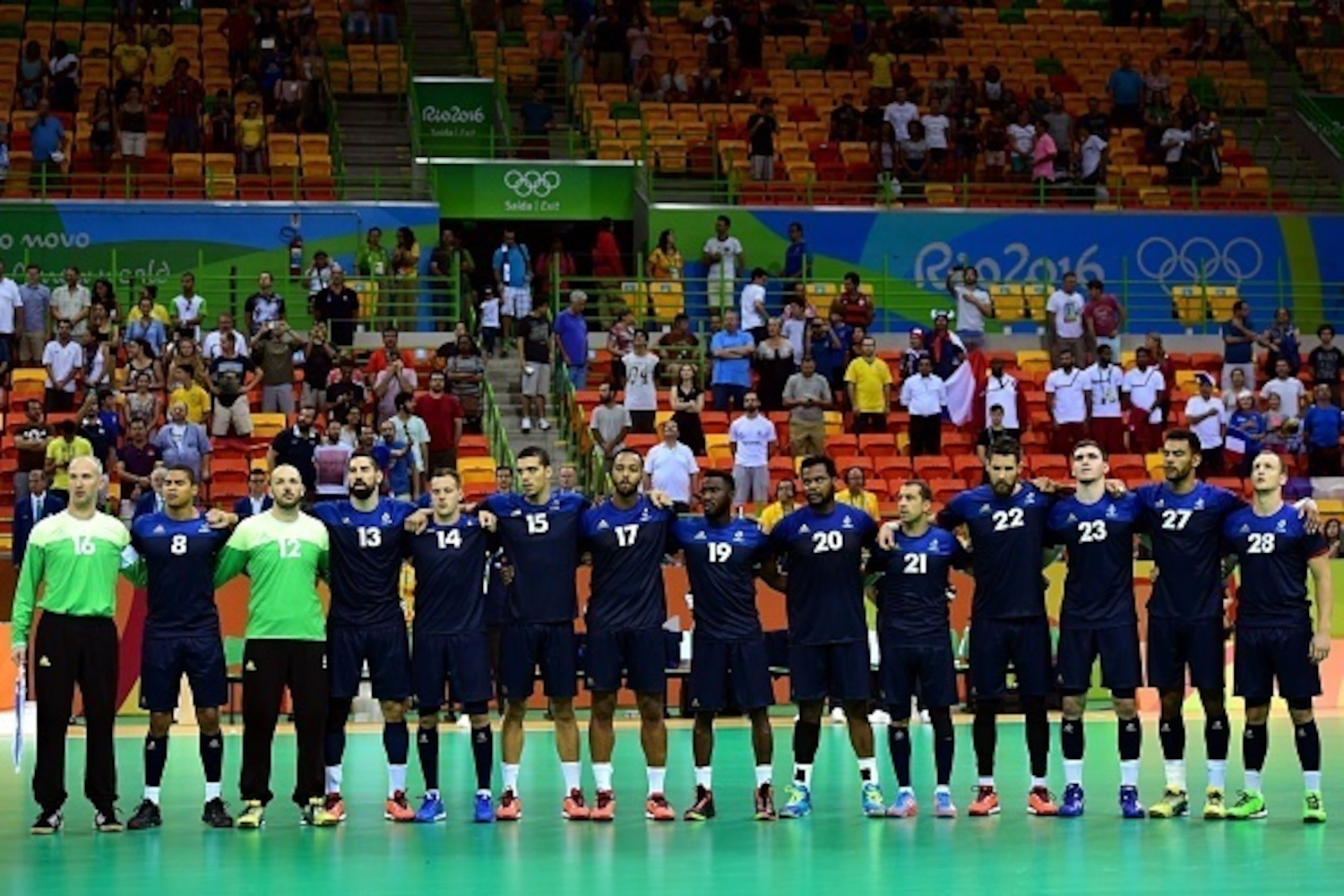 France's squad (L-R) goalkeeper Thierry Omeyer, centre back Daniel Narcisse, goalkeeper Vincent Gerard, centre back Nikola Karabatic, left wing Kentin Mahe, left back Mathieu Grebille, left back Timothey N'Guessan, right wing Luc Abalo, pivot Cedric Sorha