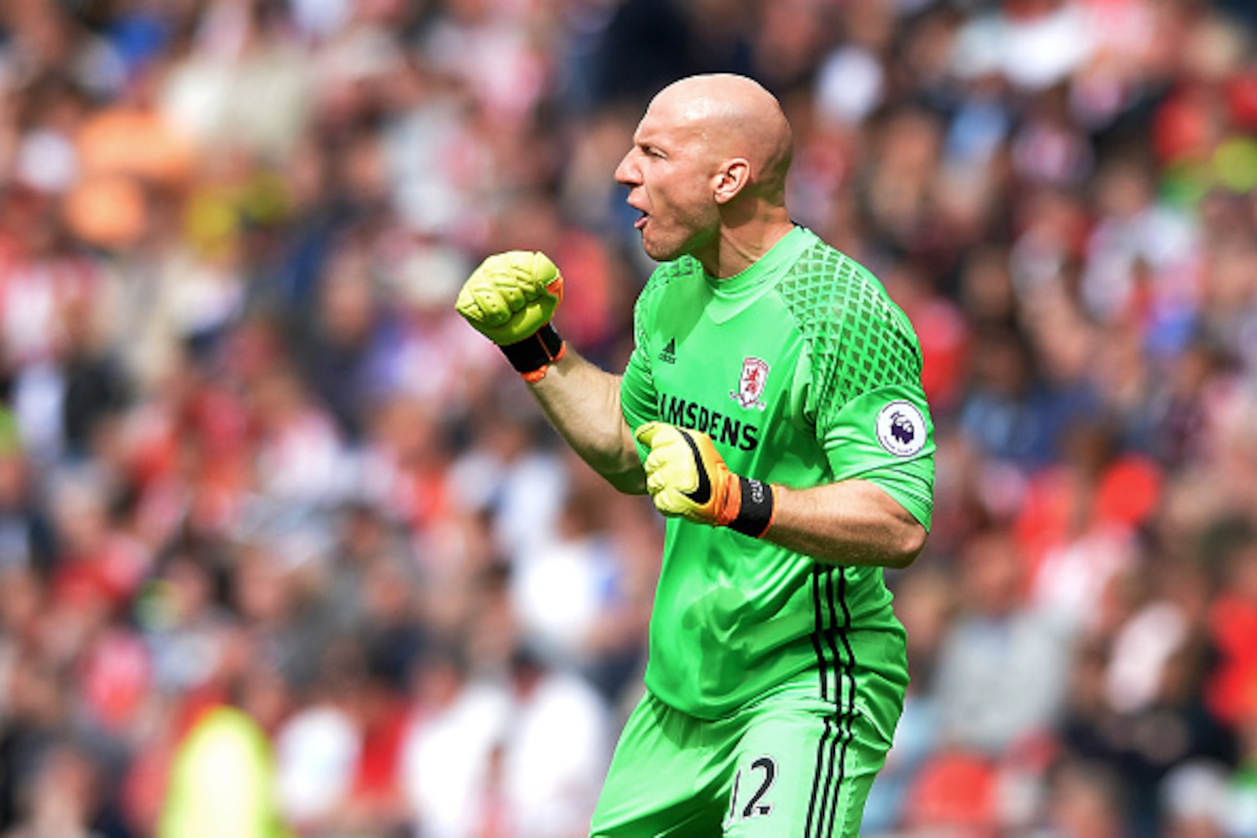 SUNDERLAND, ENGLAND - AUGUST 21: Brad Guzan of Middlesbrough celebrates Christian Stuani's second goal during the Premier League match between Sunderland FC and Middlesbrough FC at Stadium of Light on August 21, 2016 in Sunderland, England. (Photo by Mark