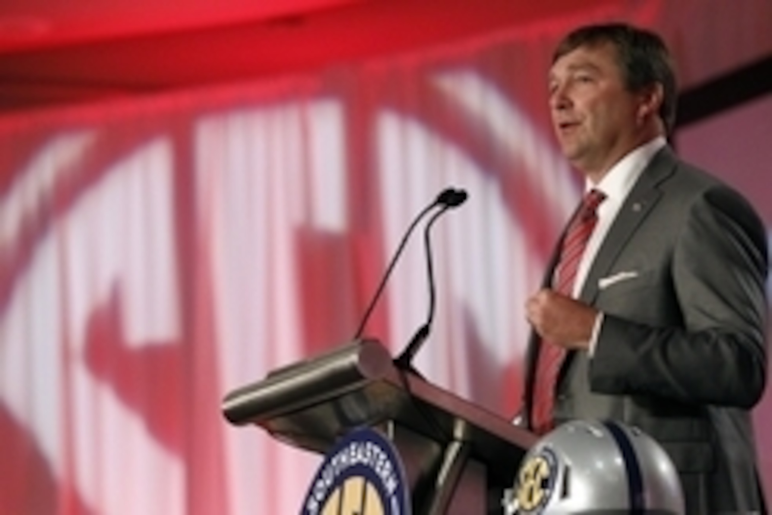 Jul 12, 2016; Hoover, AL, USA; Georgia head coach Kirby Smart speaks to the media during SEC media day at Hyatt Regency Birmingham-The Wynfrey Hotel. Mandatory Credit: Butch Dill-USA TODAY Sports