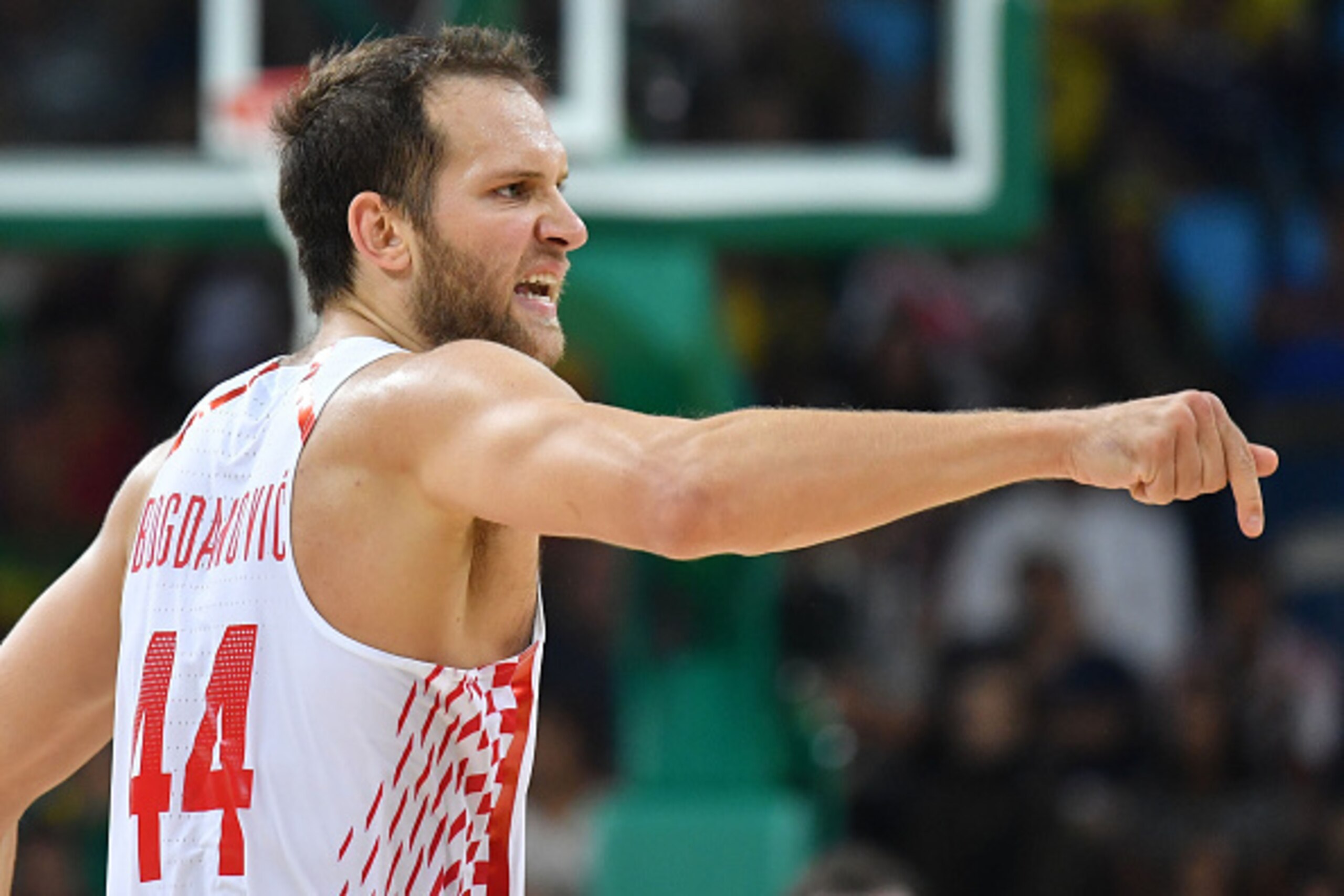 Croatia's shooting guard Bojan Bogdanovic gestures during a Men's quarter final basketball match between Serbia and Croatia at the Carioca Arena 1 in Rio de Janeiro on August 17, 2016 during the Rio 2016 Olympic Games. / AFP / Andrej ISAKOVIC        (Phot