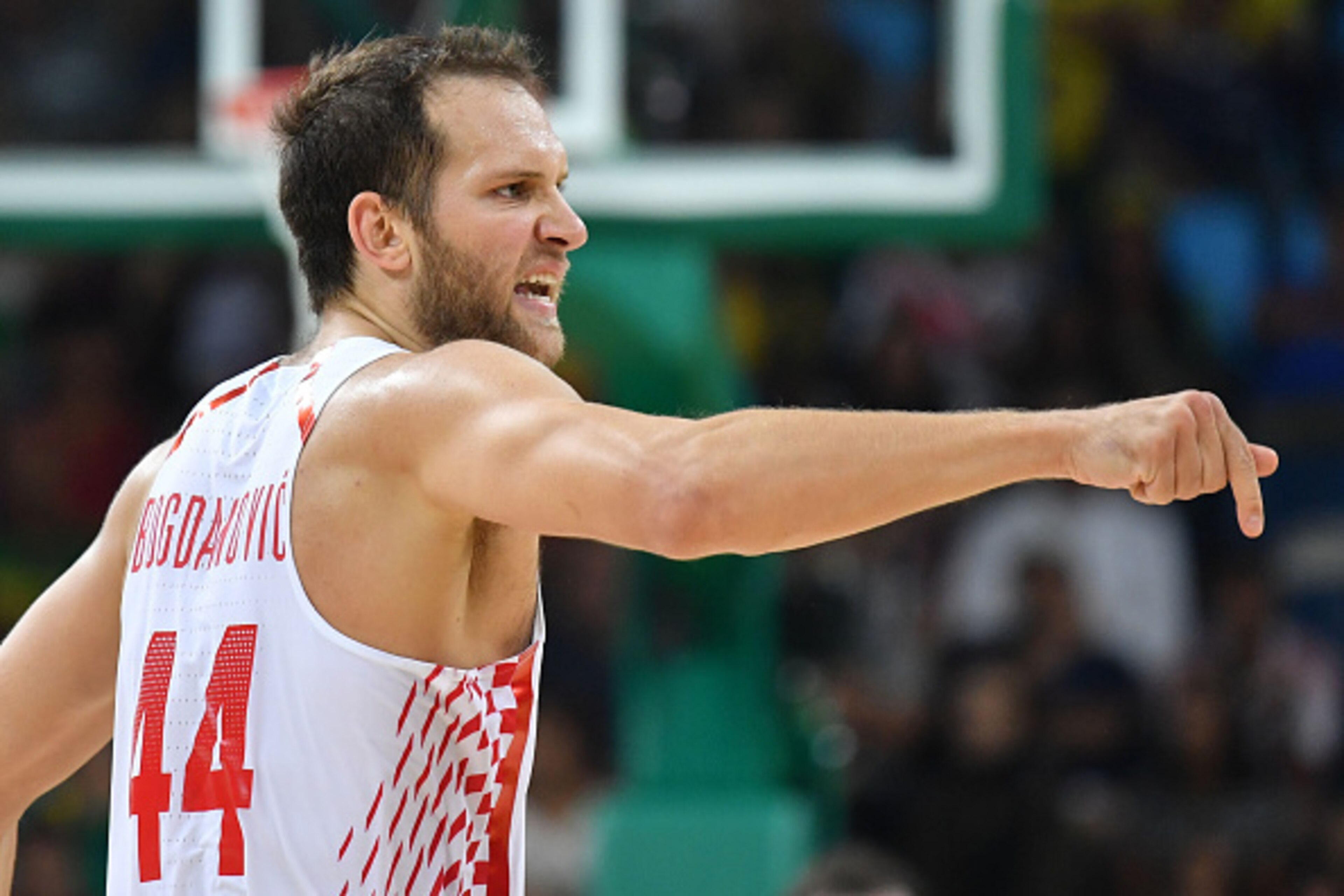 Croatia's shooting guard Bojan Bogdanovic gestures during a Men's quarter final basketball match between Serbia and Croatia at the Carioca Arena 1 in Rio de Janeiro on August 17, 2016 during the Rio 2016 Olympic Games. / AFP / Andrej ISAKOVIC        (Phot