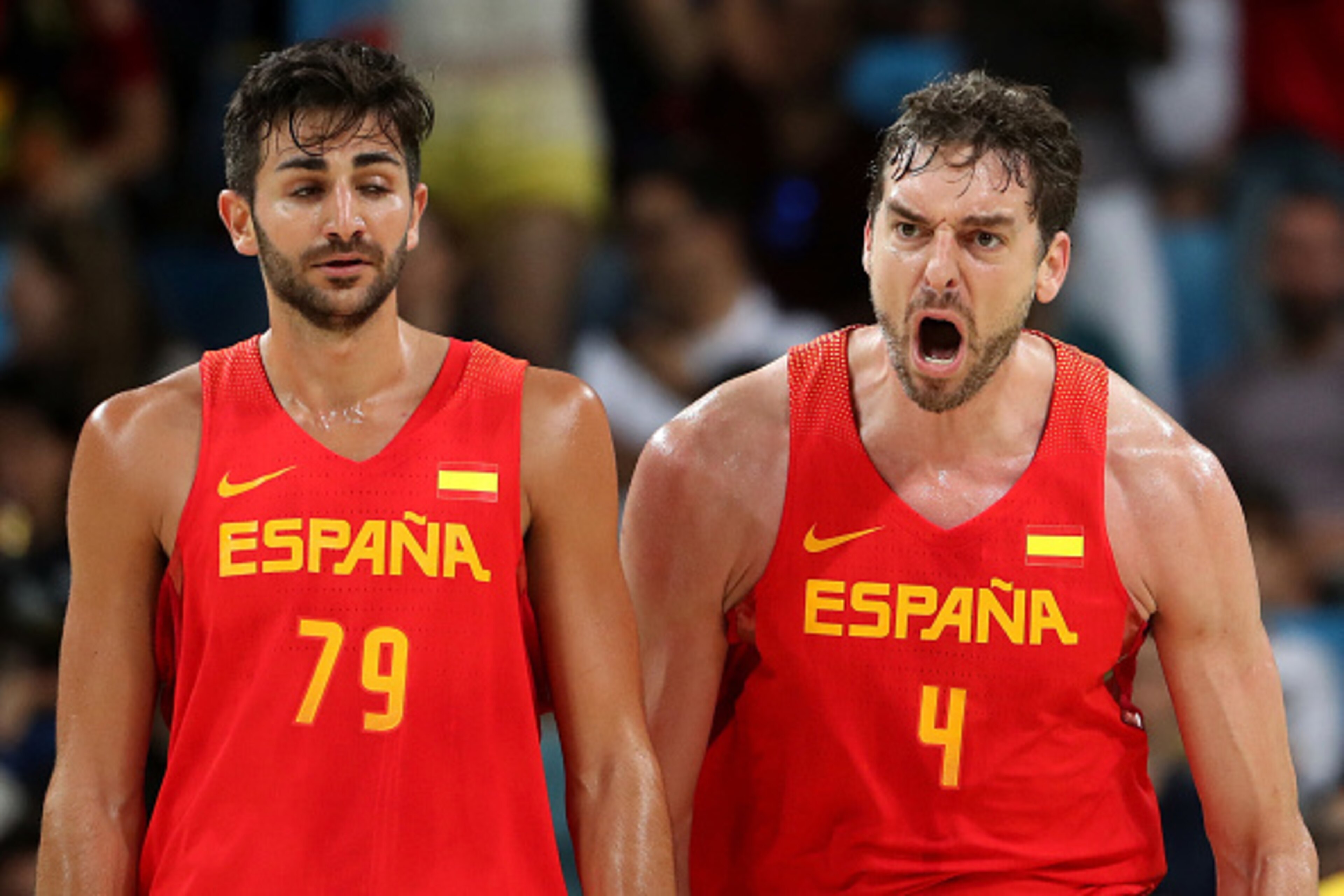 RIO DE JANEIRO, BRAZIL - AUGUST 21:  Ricky Rubio #79 of Spain and Pau Gasol #4 of Spain celebrate during the Men's Basketball Bronze medal game between Australia and Spain on Day 16 of the Rio 2016 Olympic Games at Carioca Arena 1 on August 21, 2016 in Ri