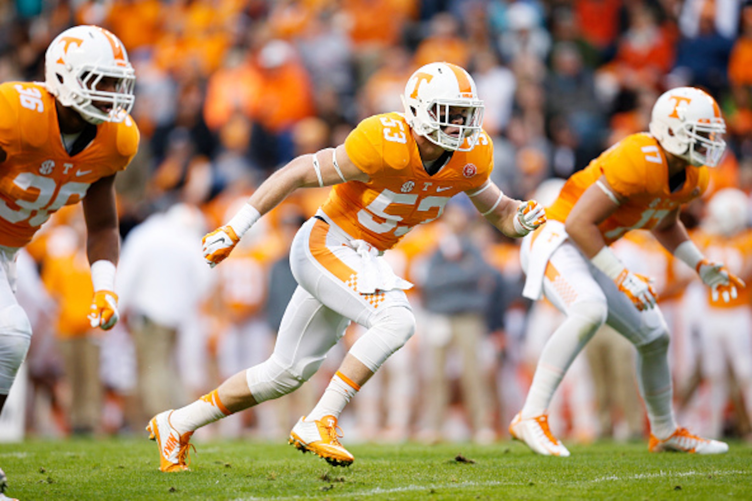 KNOXVILLE, TN - NOVEMBER 7: Colton Jumper #53 of the Tennessee Volunteers in action against the South Carolina Gamecocks during a game at Neyland Stadium on November 7, 2015 in Knoxville, Tennessee. Tennessee defeated South Carolina 27-24. (Photo by Joe R