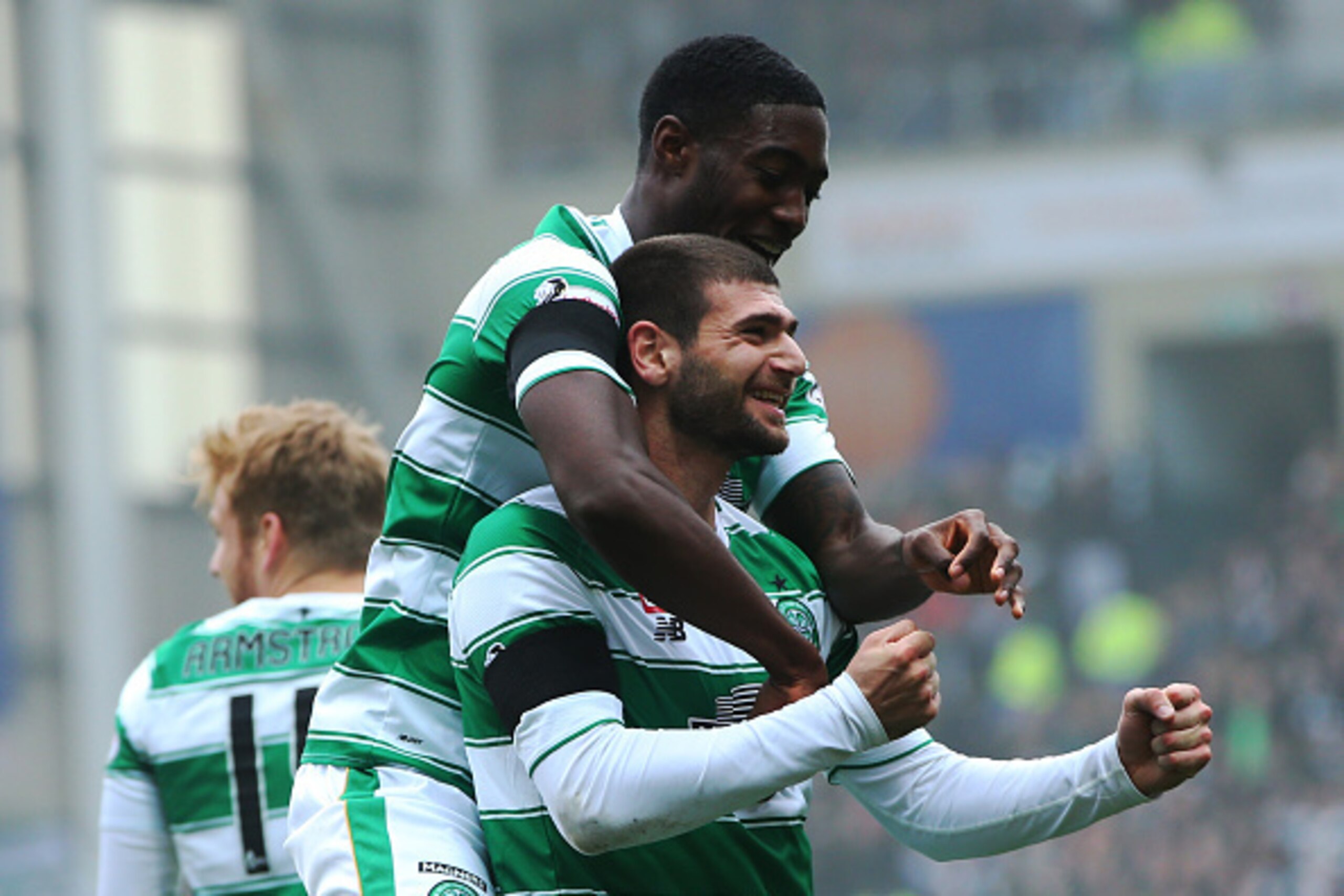 MOTHEREWELL, SCOTLAND - OCTOBER 17: Nadir Ciftci of Celtic celebrates scoring with Tyler Blackett of Celtic during the Ladbrokes Scottish Premiership match between Motherwell and Celtic at Fir Park on October 17, 2015 in Motherwell, Scotland. (Photo by I MOTHEREWELL, SCOTLAND - OCTOBER 17: Nadir Ciftci of Celtic celebrates scoring with Tyler Blackett of Celtic during the Ladbrokes Scottish Premiership match between Motherwell and Celtic at Fir Park on October 17, 2015 in Motherwell, Scotland. (Photo by I