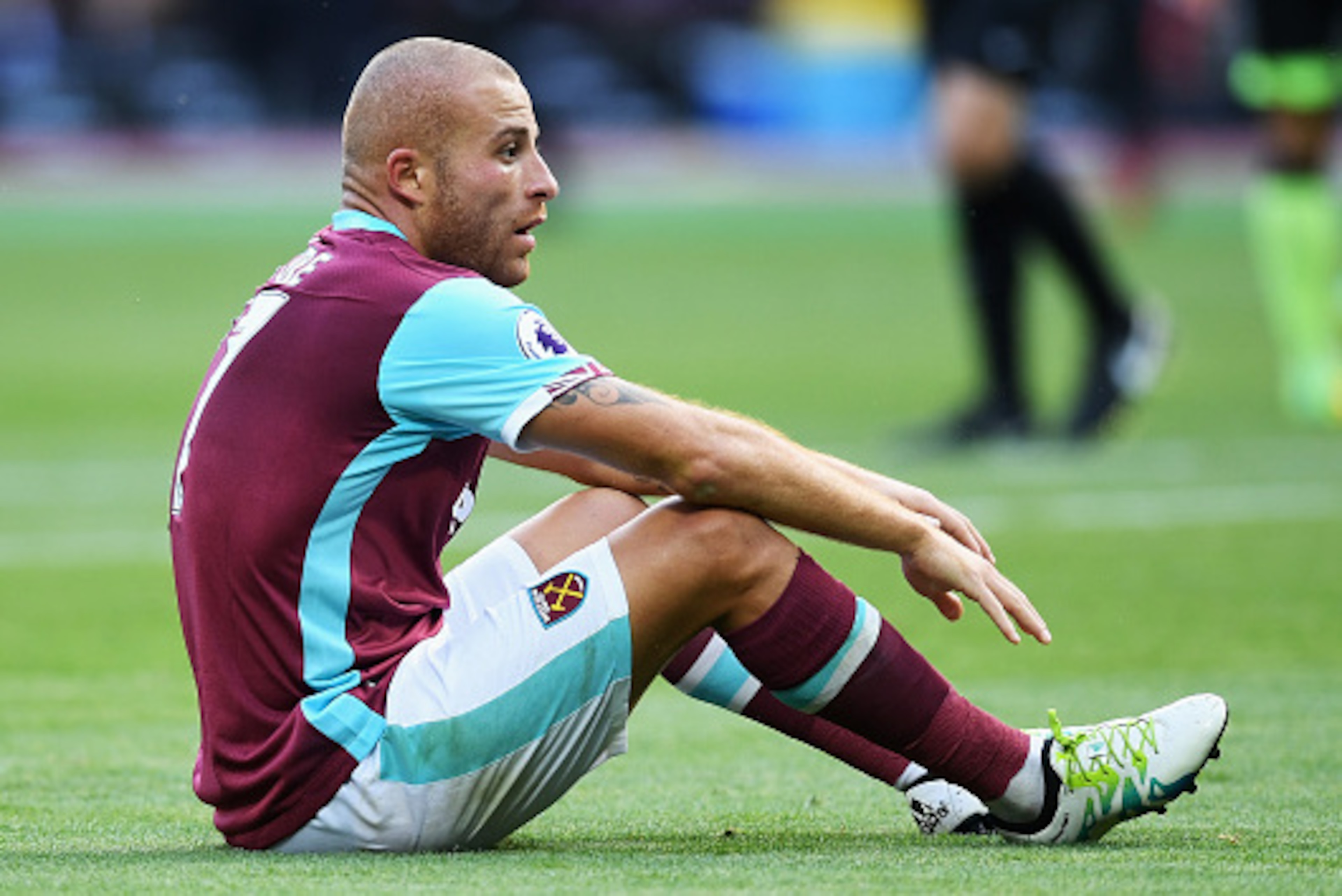 LONDON, ENGLAND - AUGUST 21: Gokhan Tore of West Ham United looks on after going to ground during the Premier League match between West Ham United and AFC Bournemouth at London Stadium on August 21, 2016 in London, England.  (Photo by Michael Regan/Getty 