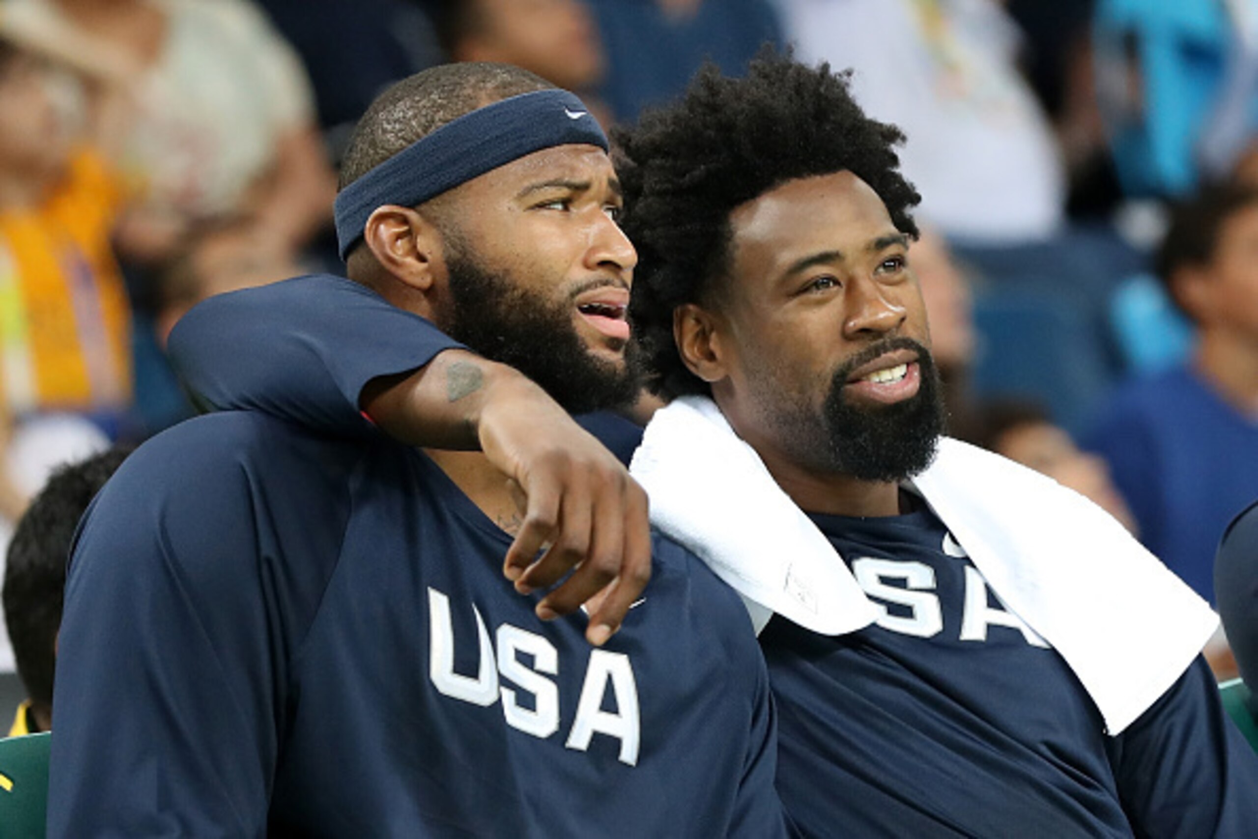 RIO DE JANEIRO, BRAZIL - AUGUST 06: Demarcus Cousins #12 and DeAndre Jordan #6 of United States watch from the bench during the game against China on Day 1 of the Rio 2016 Olympic Games at Carioca Arena 1 on August 6, 2016 in Rio de Janeiro, Brazil. (Pho RIO DE JANEIRO, BRAZIL - AUGUST 06: Demarcus Cousins #12 and DeAndre Jordan #6 of United States watch from the bench during the game against China on Day 1 of the Rio 2016 Olympic Games at Carioca Arena 1 on August 6, 2016 in Rio de Janeiro, Brazil. (Pho