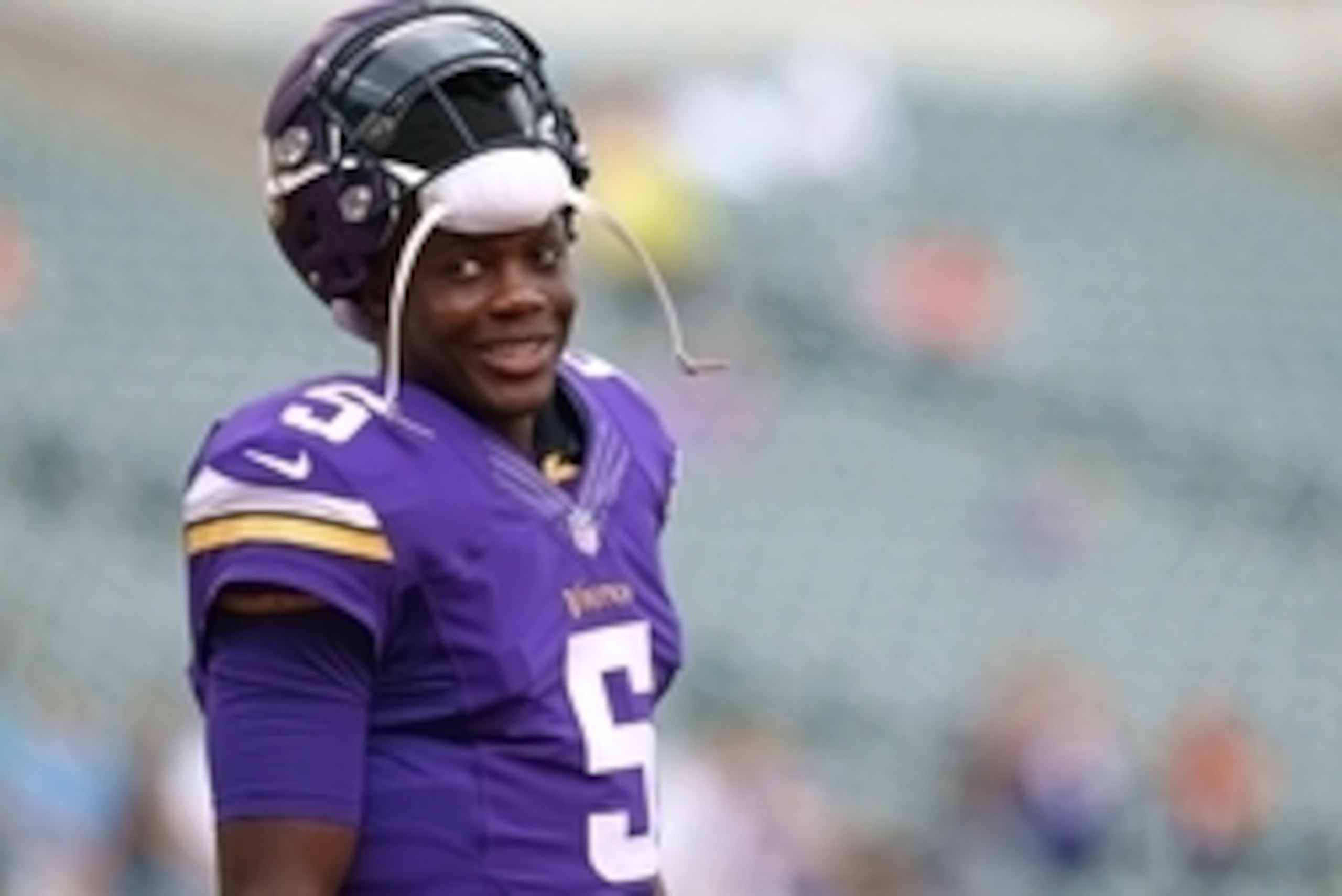 Aug 12, 2016; Cincinnati, OH, USA; Minnesota Vikings quarterback Teddy Bridgewater (5) warms up prior to the game against the Cincinnati Bengals, in a preseason NFL football game at Paul Brown Stadium. Mandatory Credit: Aaron Doster-USA TODAY Sports
