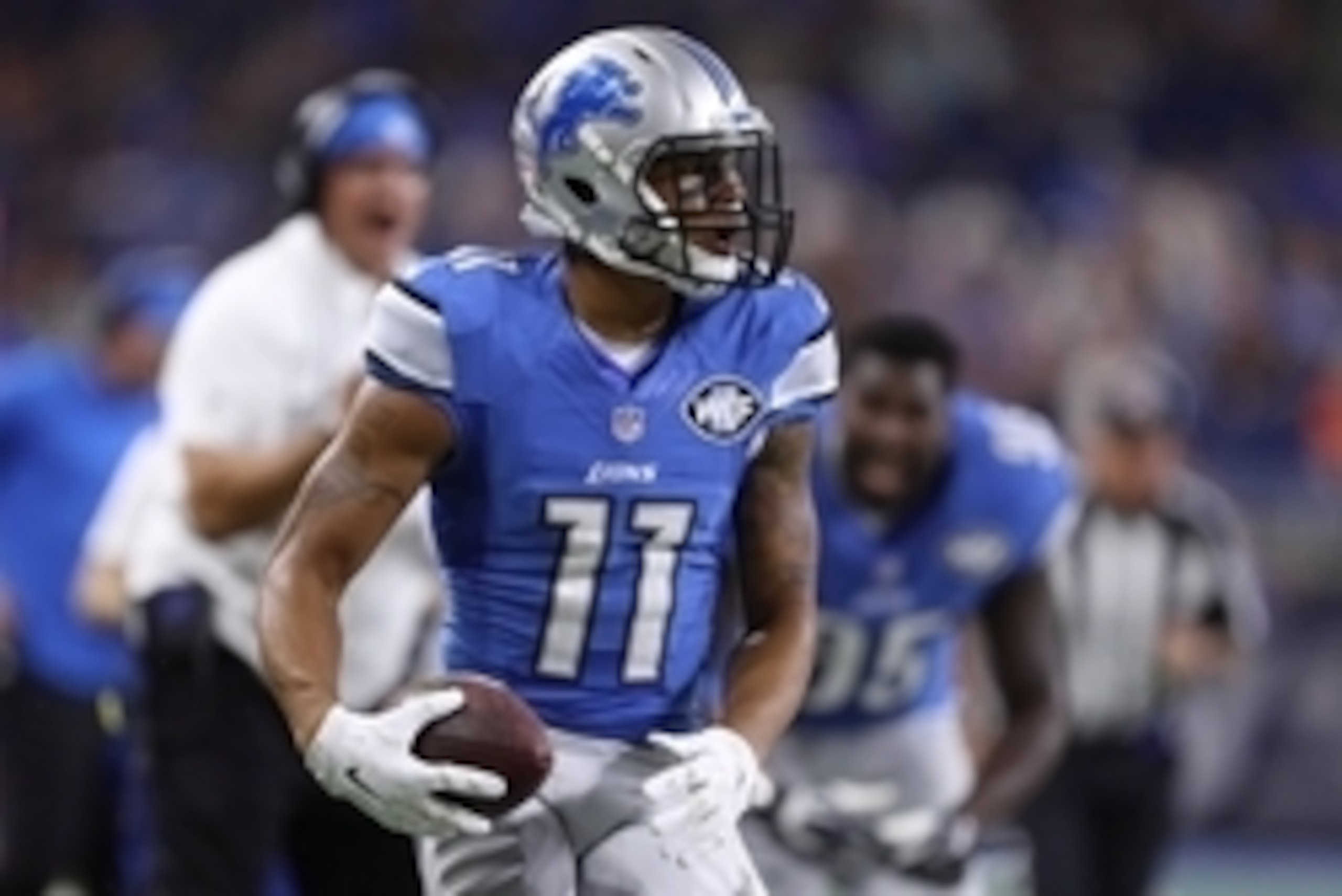 Aug 18, 2016; Detroit, MI, USA; Detroit Lions wide receiver Marvin Jones (11) celebrates after a catch during the first quarter against the Cincinnati Bengals at Ford Field. Mandatory Credit: Raj Mehta-USA TODAY Sports