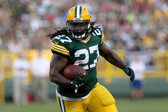 GREEN BAY, WI - AUGUST 18:  Eddie Lacy #27 of the Green Bay Packers runs with the ball in the first quarter of a preseason game against the Oakland Raiders at Lambeau Field on August 18, 2016 in Green Bay, Wisconsin. (Photo by Dylan Buell/Getty Images)