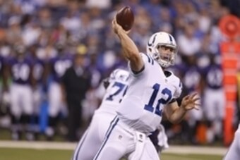 Aug 20, 2016; Indianapolis, IN, USA; Indianapolis Colts quarterback Andrew Luck (12) throws a pass against the Baltimore Ravens at Lucas Oil Stadium. Mandatory Credit: Brian Spurlock-USA TODAY Sports