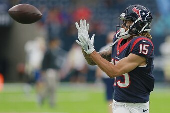 HOUSTON, TX - AUGUST 20:   Will Fuller #15 of the Houston Texans catches a pass in warmups before a preseason NFL game at NRG Stadium on August 20, 2016 in Houston, Texas.  (Photo by Bob Levey/Getty Images)
