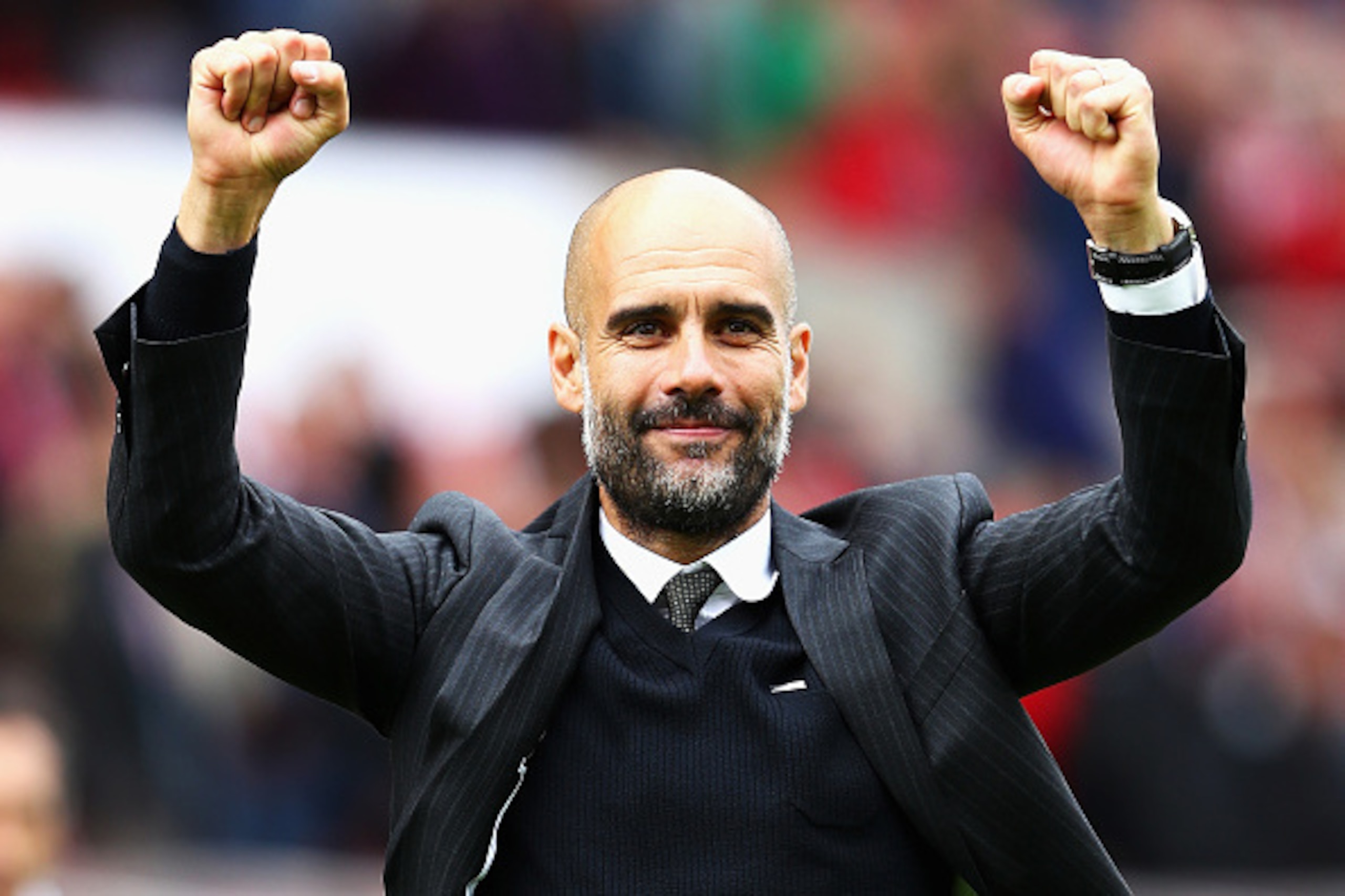 STOKE ON TRENT, ENGLAND - AUGUST 20: Josep Guardiola, Manager of Manchester City celebrates his side win during the Premier League match between Stoke City and Manchester City at Bet365 Stadium on August 20, 2016 in Stoke on Trent, England.  (Photo by Mic