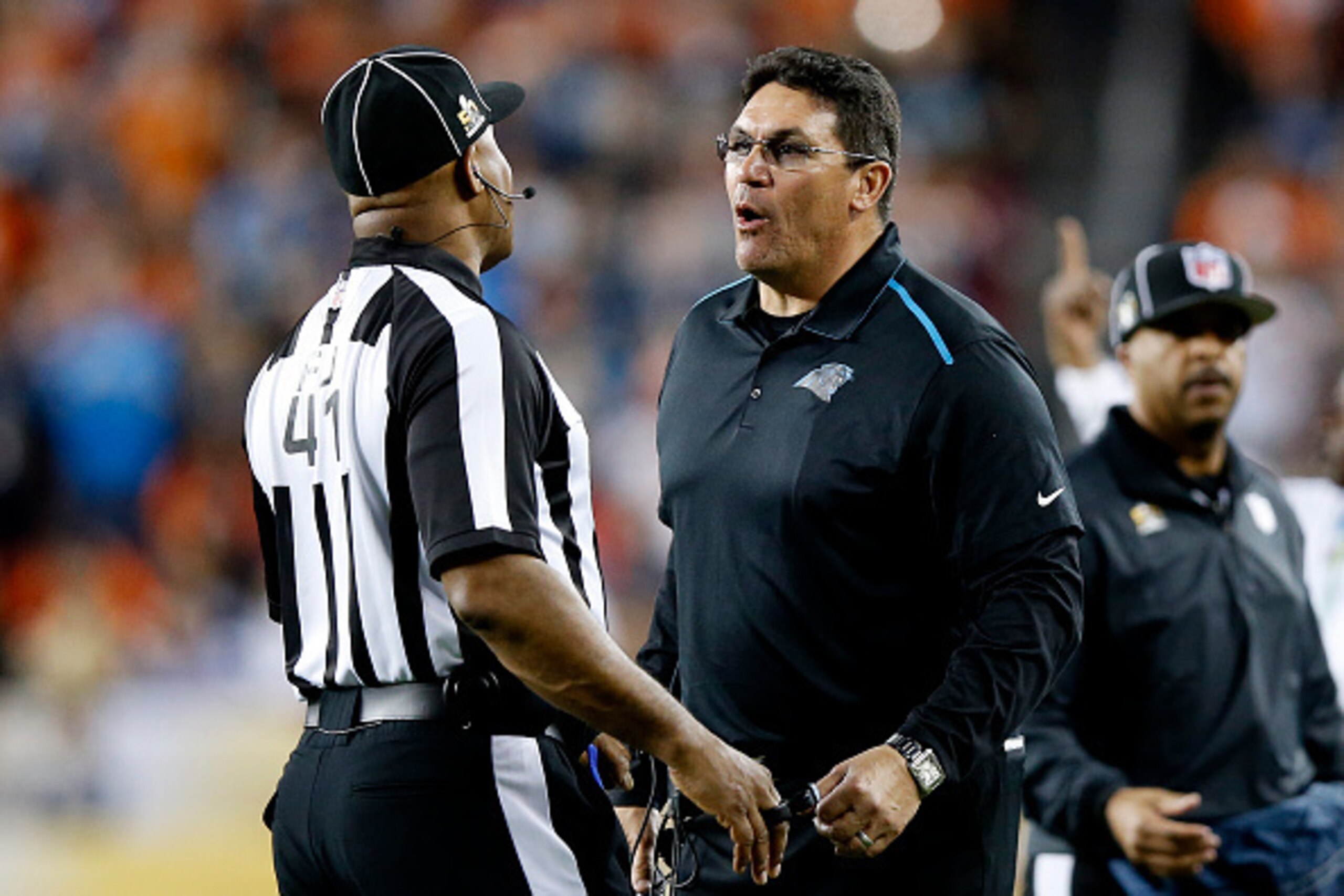 SANTA CLARA, CA - FEBRUARY 07: Head coach Ron Rivera of the Carolina Panthers talks with an official in the third quarter against the Denver Broncos during Super Bowl 50 at Levi's Stadium on February 7, 2016 in Santa Clara, California. (Photo by Ezra Sh SANTA CLARA, CA - FEBRUARY 07: Head coach Ron Rivera of the Carolina Panthers talks with an official in the third quarter against the Denver Broncos during Super Bowl 50 at Levi's Stadium on February 7, 2016 in Santa Clara, California. (Photo by Ezra Sh