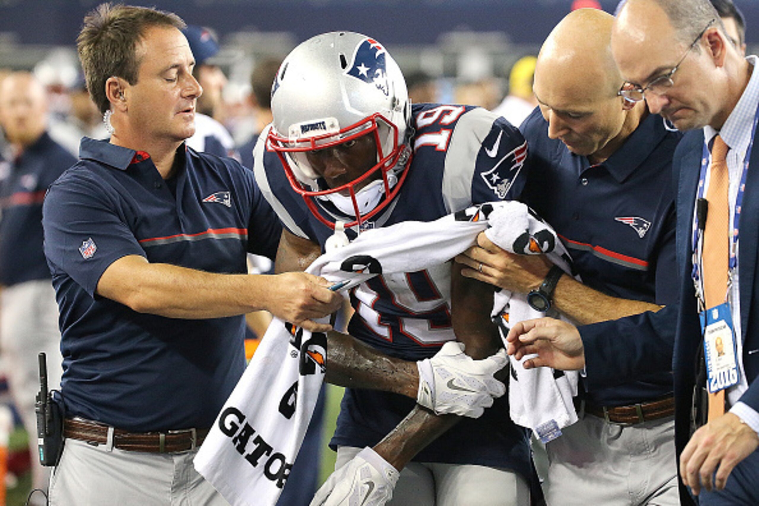 FOXBORO, MA - AUGUST 11: Malcolm Mitchell #19 of the New England Patriots leaves the field with an injury in the first half during a preseason game against the New Orleans Saints at Gillette Stadium on August 11, 2016 in Foxboro, Massachusetts. (Photo by FOXBORO, MA - AUGUST 11: Malcolm Mitchell #19 of the New England Patriots leaves the field with an injury in the first half during a preseason game against the New Orleans Saints at Gillette Stadium on August 11, 2016 in Foxboro, Massachusetts. (Photo by