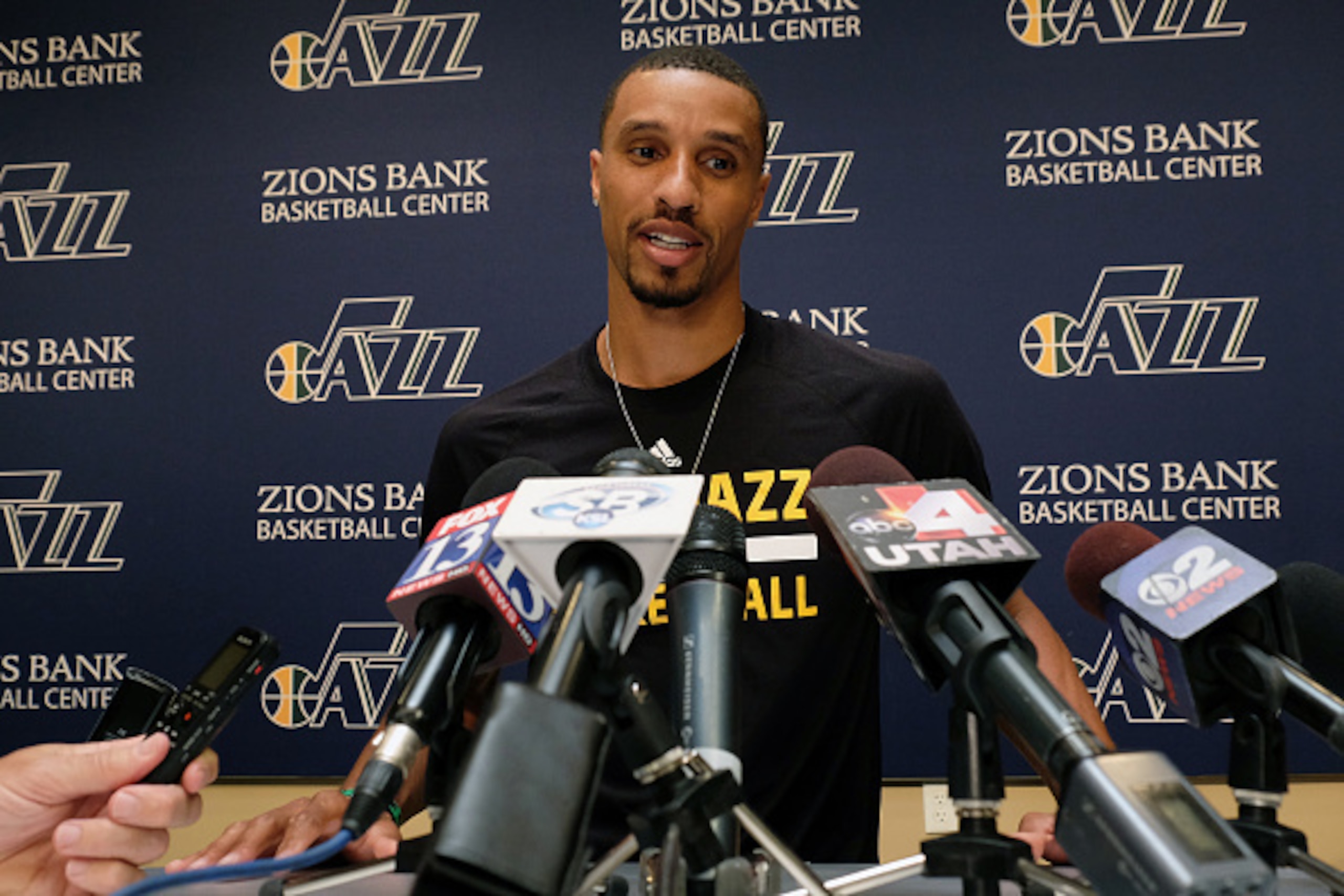SALT LAKE CITY, UT - JULY 08:  George Hill of the Utah Jazz speaks to the press about his new contract with the Utah Jazz at Zions Bank Basketball Center  on July 08, 2016 in Salt Lake City, Utah. NOTE TO USER: User expressly acknowledges and agrees that,