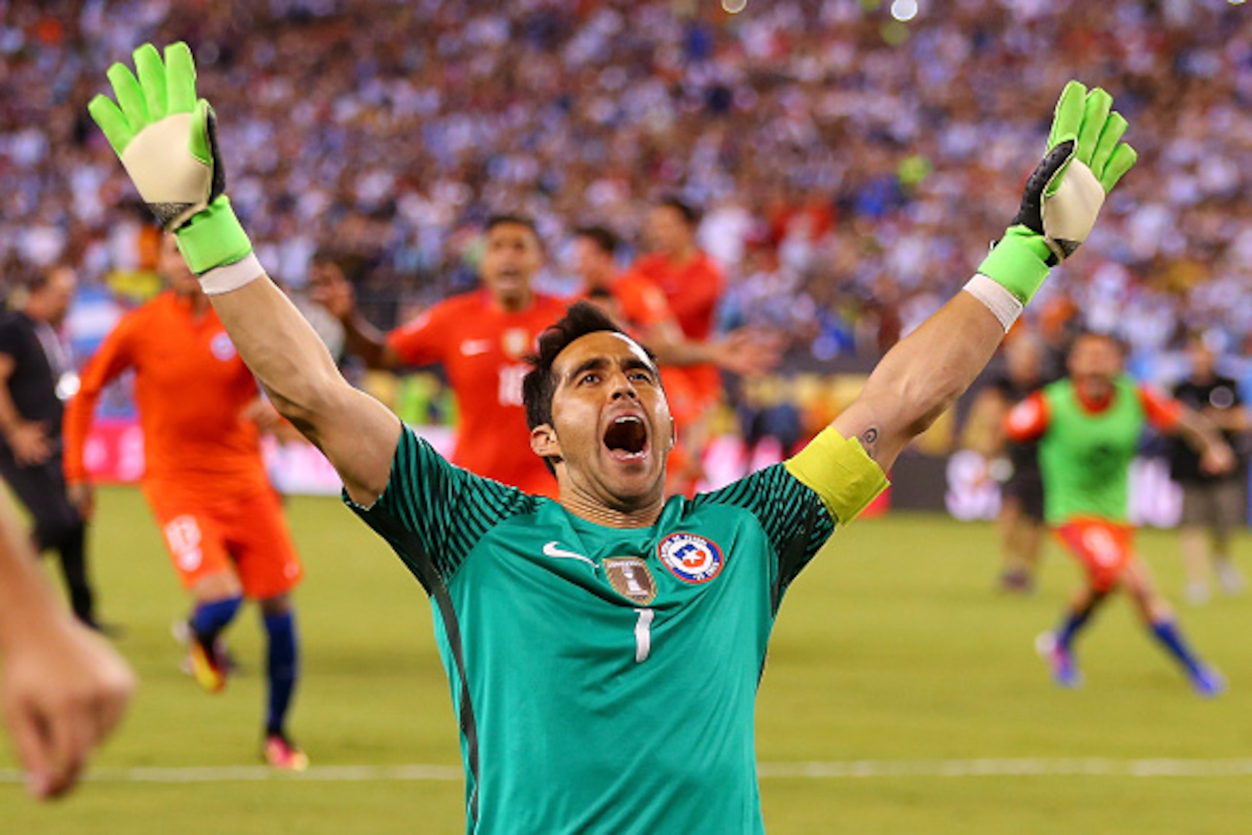 EAST RUTHERFORD, NJ - JUNE 26:  Claudio Bravo #1 of Chile celebrates after defeating the Argentina to win the Copa America Centenario Championship match at MetLife Stadium on June 26, 2016 in East Rutherford, New Jersey. Chile defeated Argentina 4-2 in pe