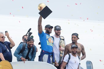 CLEVELAND, OH -  JUNE 20: Kyrie Irving #2, LeBron James #23, Tristan Thompson #13, Kevin Love #0 and J.R. Smith #5 of the Cleveland Cavaliers return to Cleveland after wining the NBA Championships on June 20, 2016 in Cleveland, Ohio. (Photo by Jason Mille