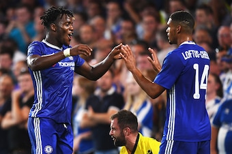 LONDON, ENGLAND - AUGUST 23:  Michy Batshuayi of Chelsea (L) celebrates scoring his sides third goal with Ruben Loftus-Cheek of Chelsea (R) during the EFL Cup second round match between Chelsea and Bristol Rovers at Stamford Bridge on August 23, 2016 in L