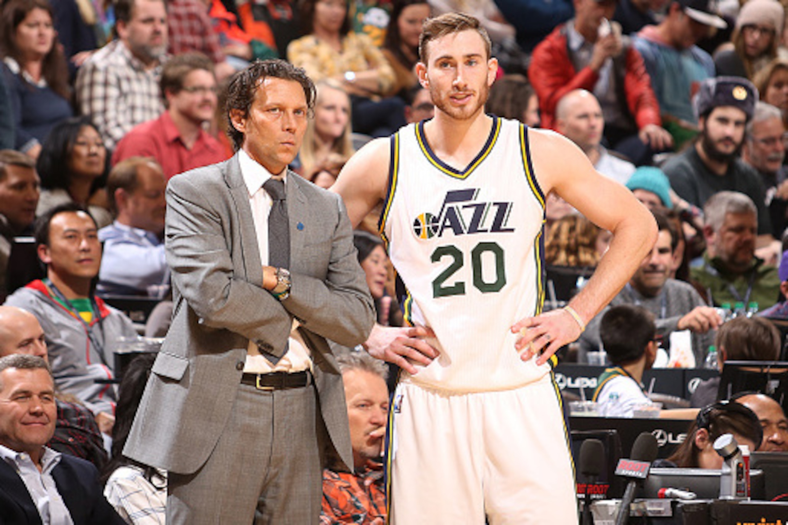 SALT LAKE CITY, UT - DECEMBER 21:  Head coach Quin Snyder of the Utah Jazz and Gordon Hayward #20 of the Utah Jazz talk during the game against the Phoenix Suns on December 21, 2015 at vivint.SmartHome Arena in Salt Lake City, Utah. NOTE TO USER: User exp