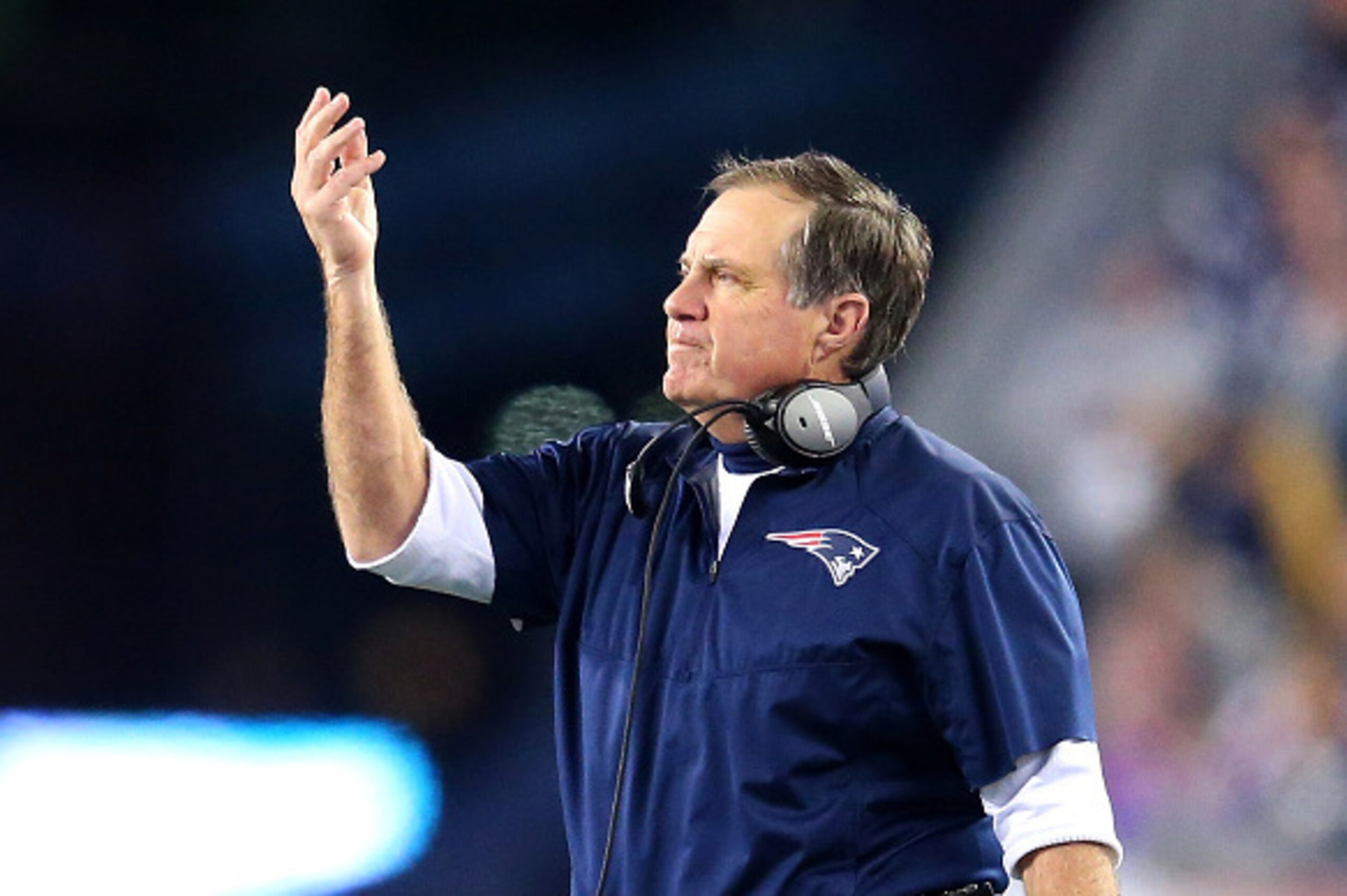 FOXBORO, MA - JANUARY 16: Head coach Bill Belichick of the New England Patriots gestures in the first half against the Kansas City Chiefs during the AFC Divisional Playoff Game at Gillette Stadium on January 16, 2016 in Foxboro, Massachusetts.  (Photo by 