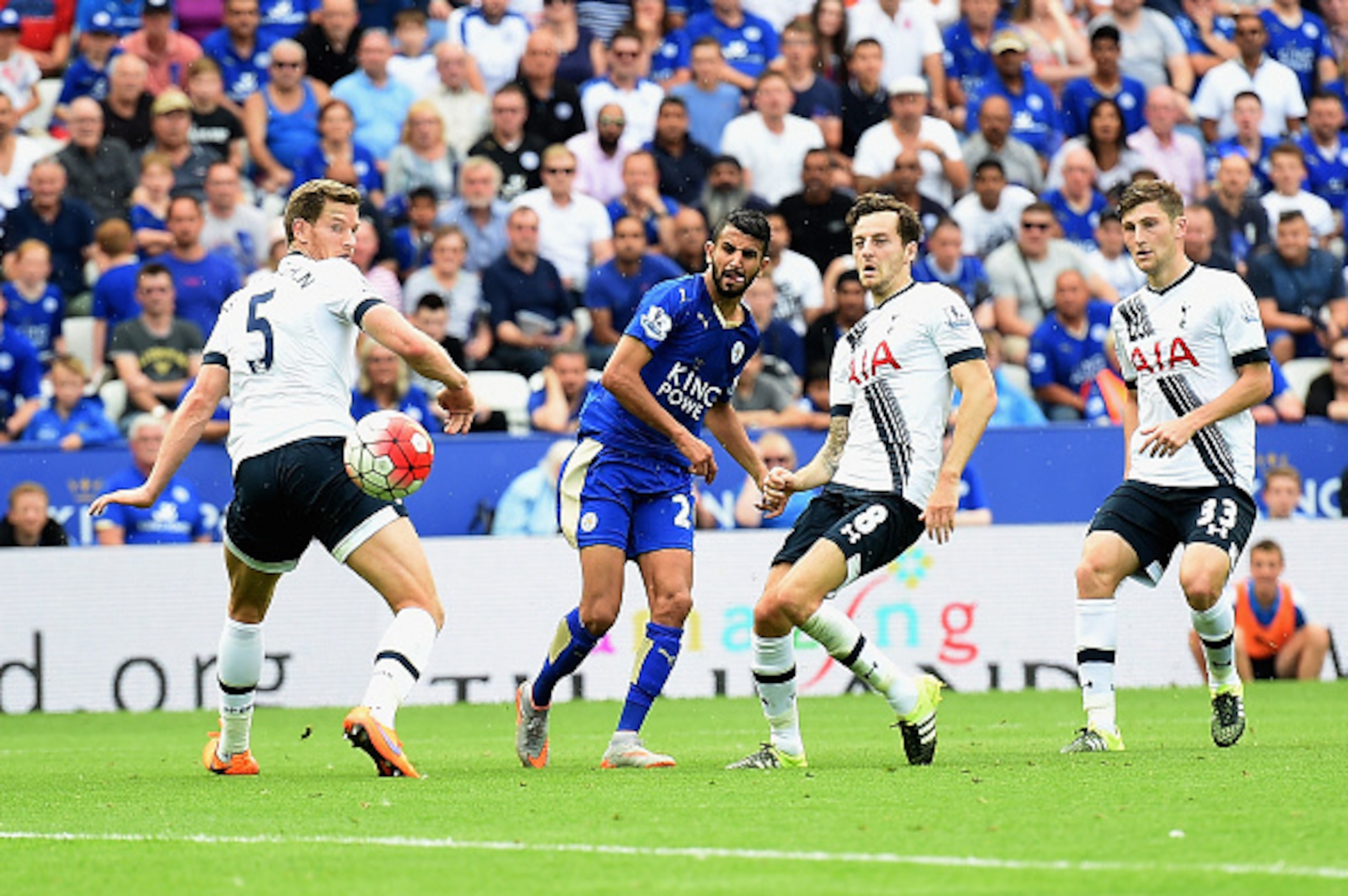 LEICESTER, ENGLAND - AUGUST 22:  Riyad Mahrez of Leicester City scores his team's first goal during the Barclays Premier League match between Leicester City and Tottenham Hotspur at The King Power Stadium on August 22, 2015 in Leicester, England.  (Photo 