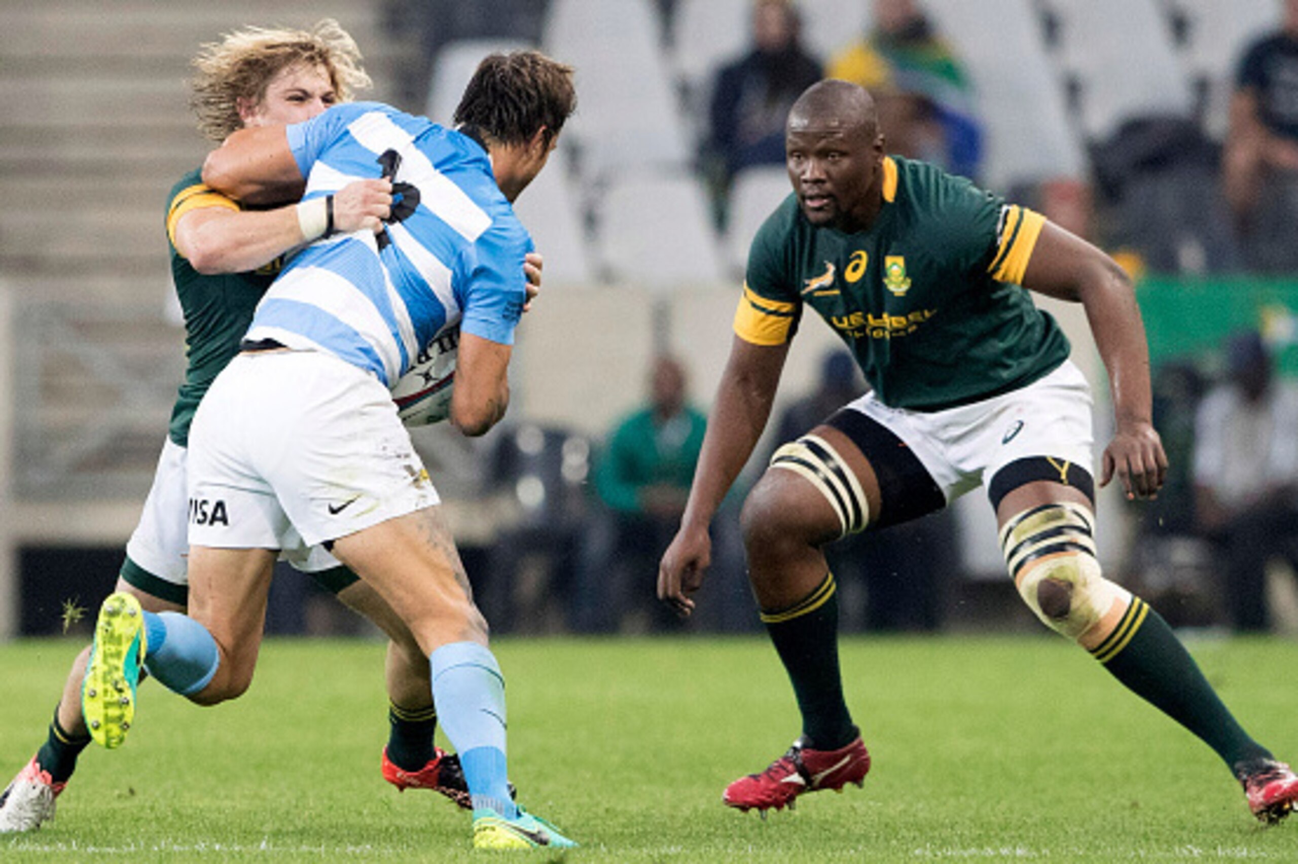 NELSPRUIT, SOUTH AFRICA - AUGUST 20: Juan Martin Hernandez of Argentina and Faf de Klerk of the Springboks during The Rugby Championship match between South Africa and Argentina at Mbombela Stadium on August 20, 2016 in Nelspruit, South Africa. (Photo by 
