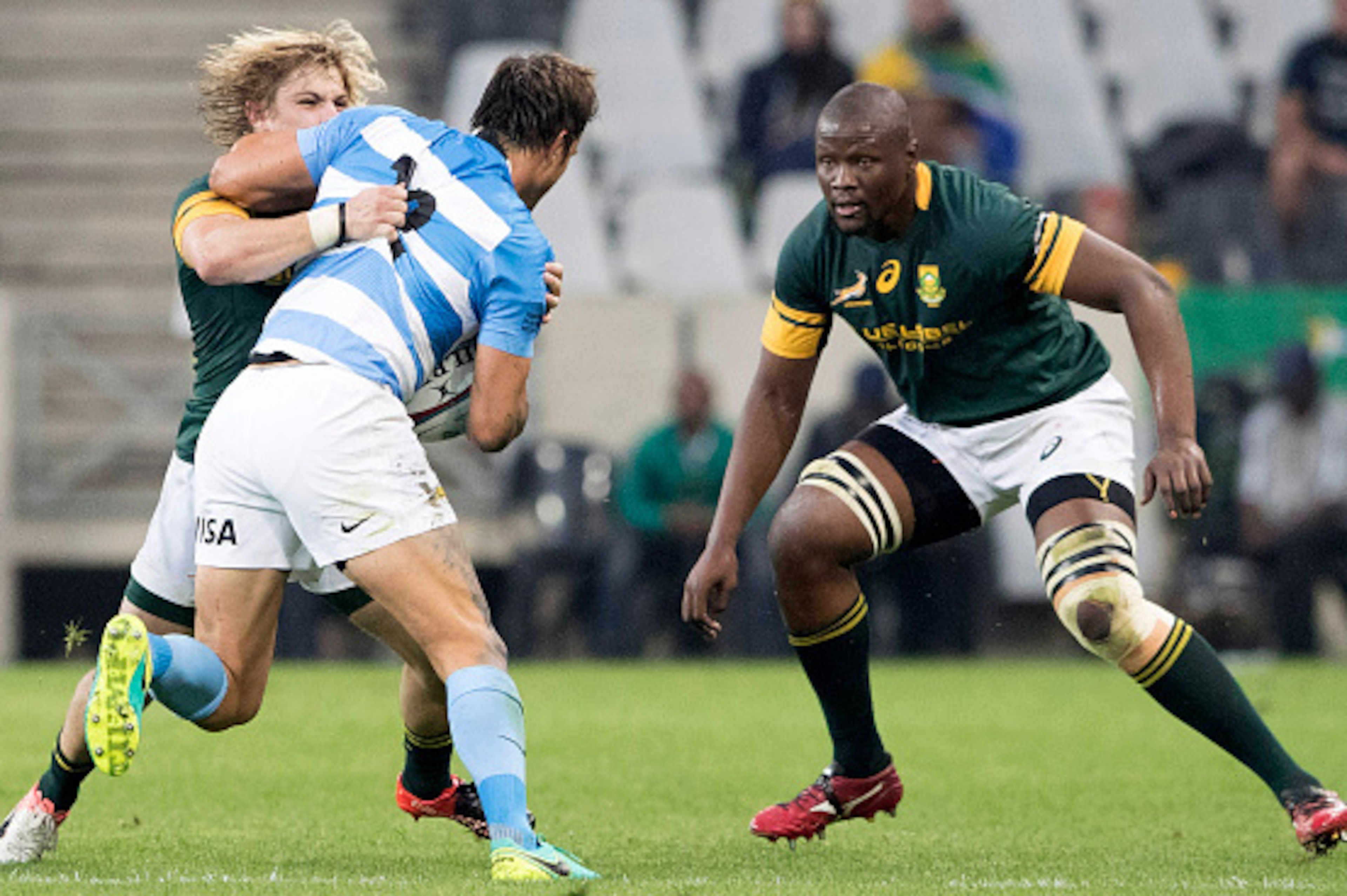 NELSPRUIT, SOUTH AFRICA - AUGUST 20: Juan Martin Hernandez of Argentina and Faf de Klerk of the Springboks during The Rugby Championship match between South Africa and Argentina at Mbombela Stadium on August 20, 2016 in Nelspruit, South Africa. (Photo by 