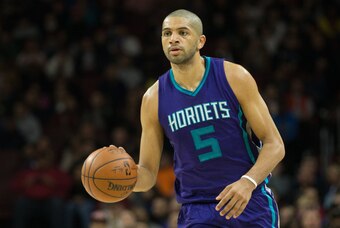 Mar 29, 2016; Philadelphia, PA, USA; Charlotte Hornets guard Nicolas Batum (5) in action against the Philadelphia 76ers at Wells Fargo Center. The Charlotte Hornets won 100-85. Mandatory Credit: Bill Streicher-USA TODAY Sports