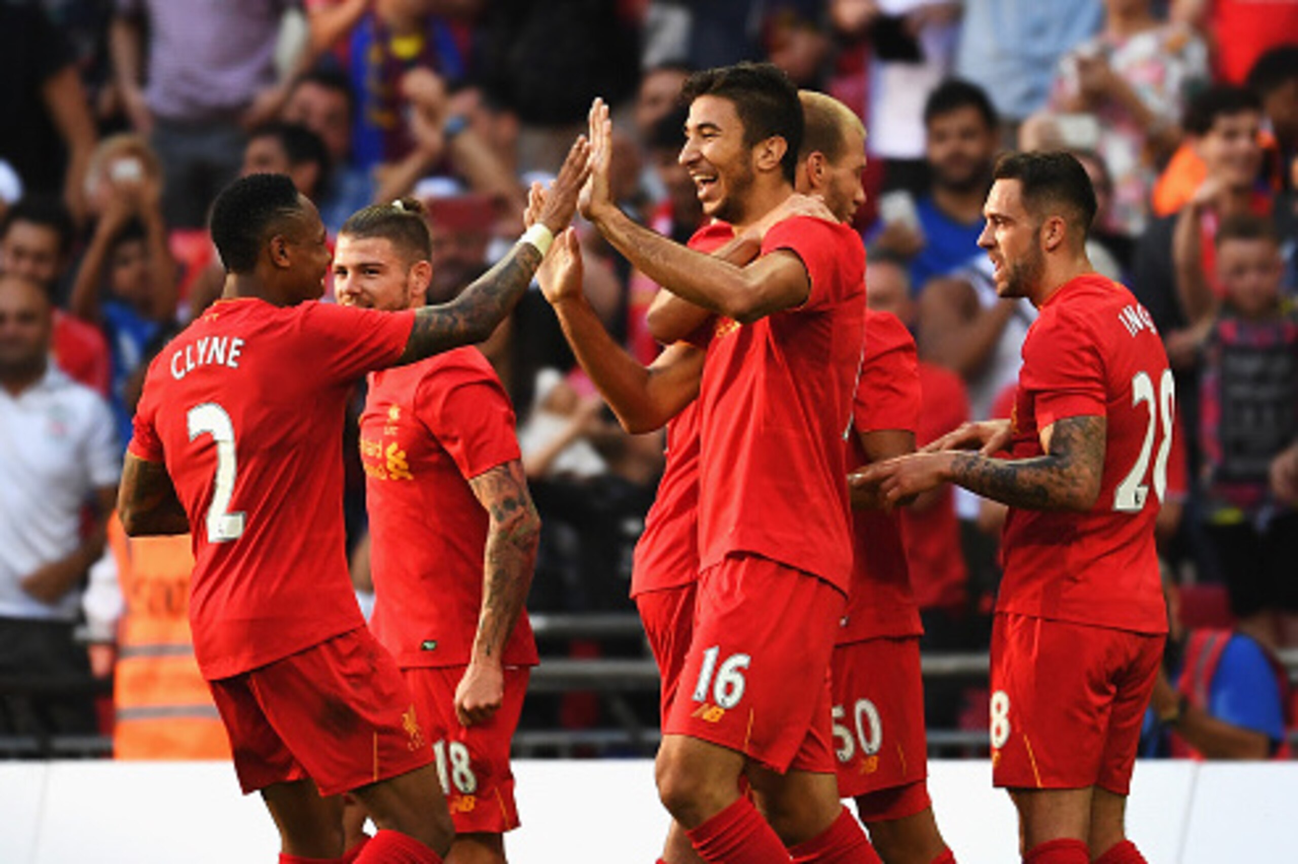 LONDON, ENGLAND - AUGUST 06:  Marko Grujic of Liverpool celebrates scoring his team's fourth goal during the International Champions Cup match between Liverpool and Barcelona at Wembley Stadium on August 6, 2016 in London, England.  (Photo by Mike Hewitt/