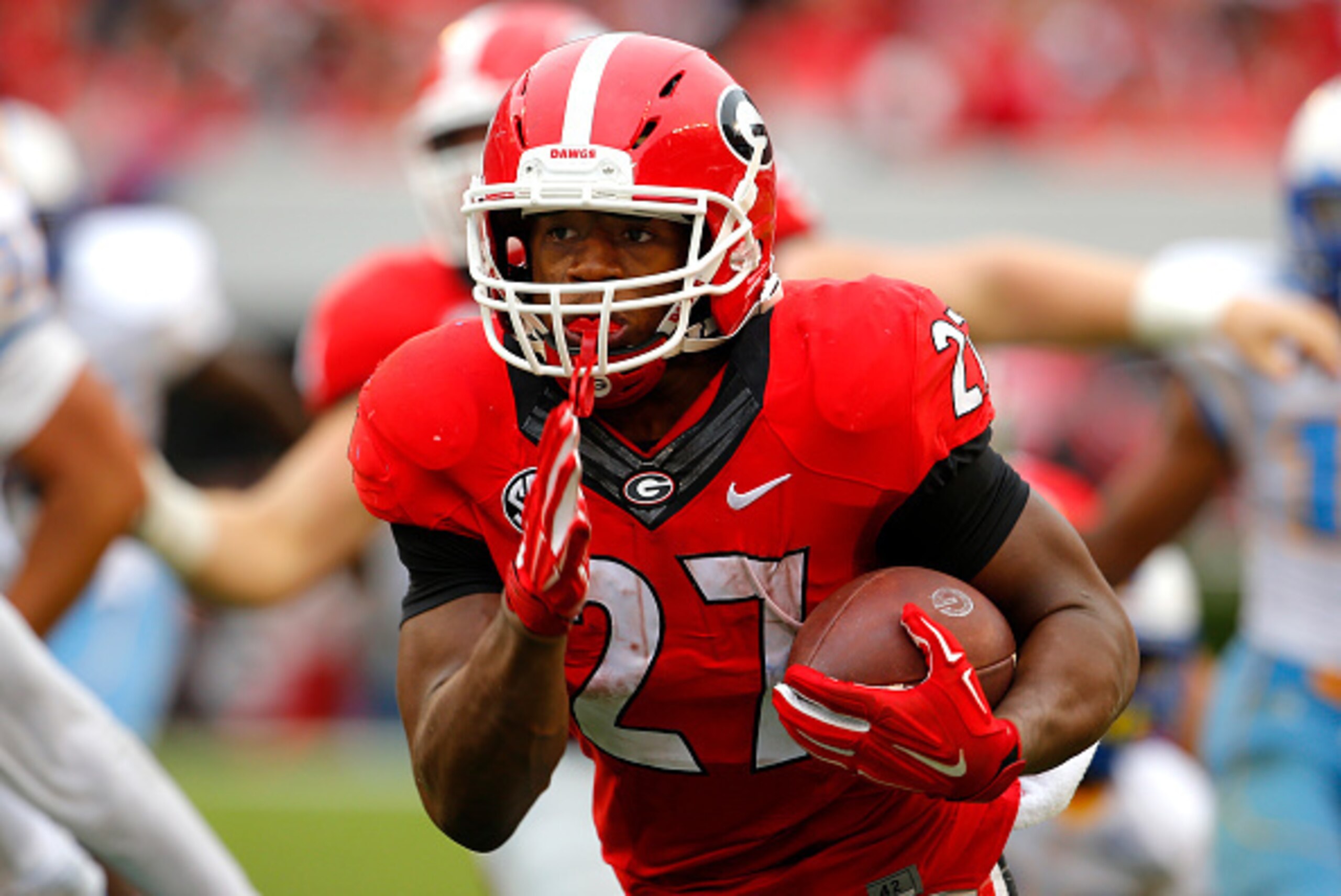 ATHENS, GA - SEPTEMBER 26: Running back Nick Chubb #27 of the Georgia Bulldogs rushes in for a touchdown in the third quarter of the game against the Southern University Jaguars on September 26, 2015 at Sanford Stadium in Athens, Georgia. The Georgia Bull