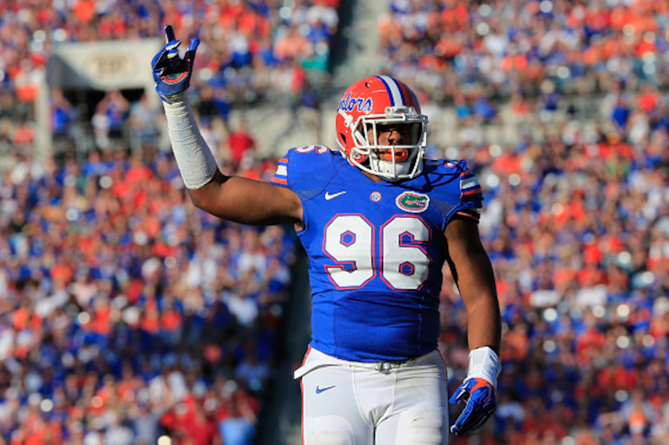 JACKSONVILLE, FL - OCTOBER 31:  Cece Jefferson #96 of the Florida Gators asks the crowd for noise during the game against the Georgia Bulldogs at EverBank Field on October 31, 2015 in Jacksonville, Florida.  (Photo by Sam Greenwood/Getty Images)