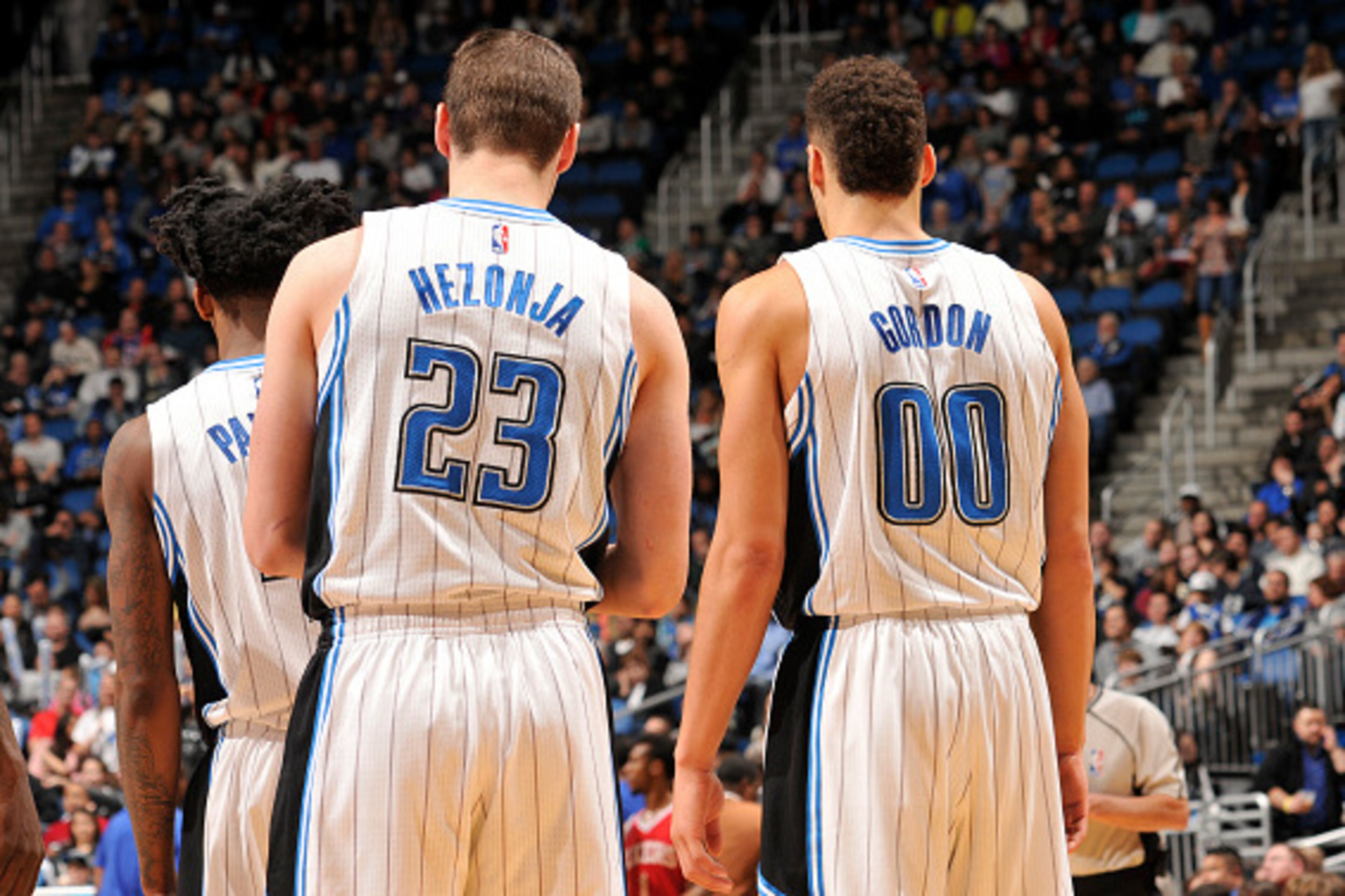 ORLANDO, FL - JANUARY 20: Mario Hezonja #23 and Aaron Gordon #00 of the Orlando Magic during the game on January 20, 2016 at Amway Center in Orlando, Florida. NOTE TO USER: User expressly acknowledges and agrees that, by downloading and or using this Phot