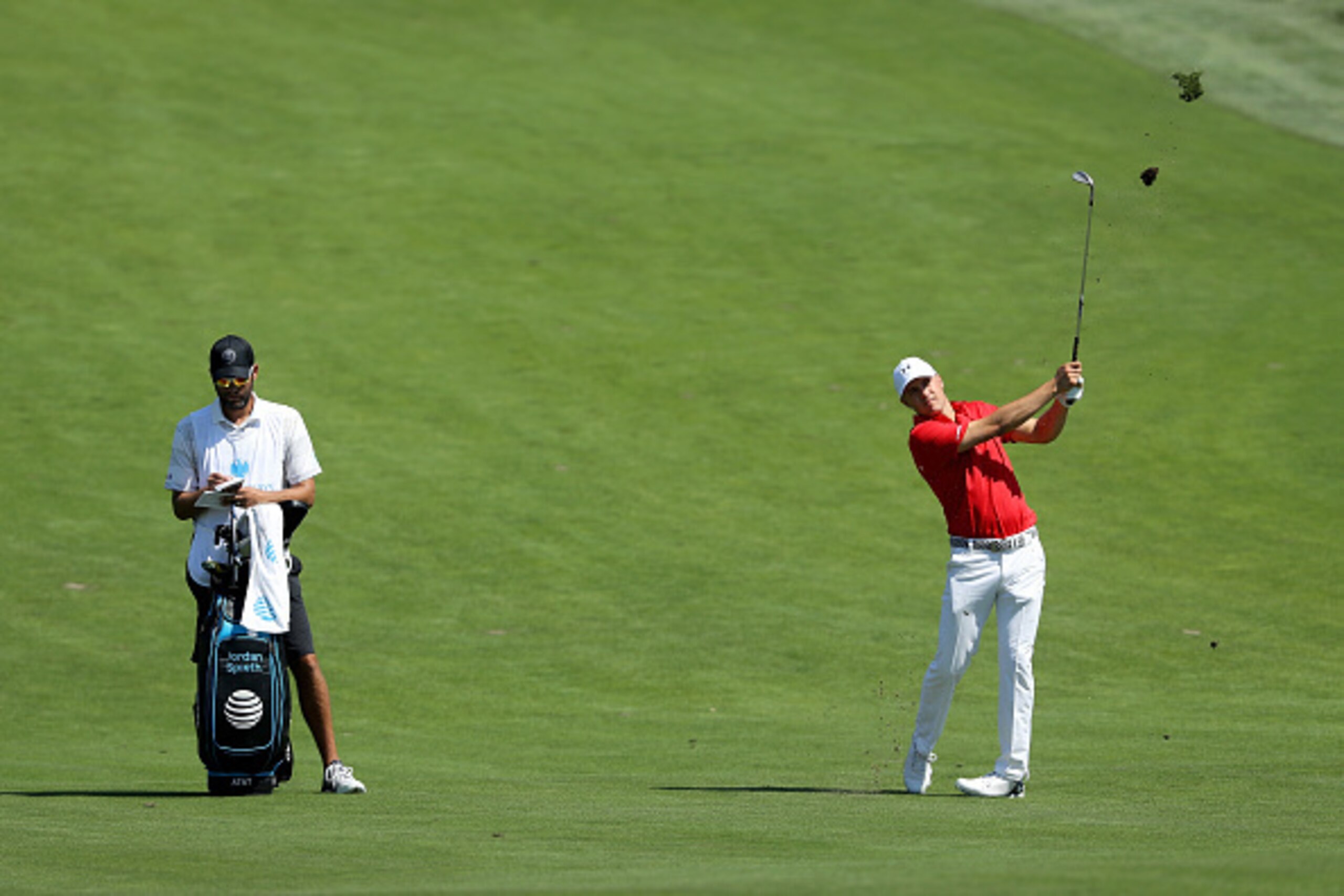 FARMINGDALE, NY - AUGUST 24:  Jordan Spieth of the United States in action during the pro-am as a preview for The Barclays in the PGA Tour FedExCup Play-Offs on the Black Course at Bethpage State Park on August 24, 2016 in Farmongdale, New York.  (Photo b