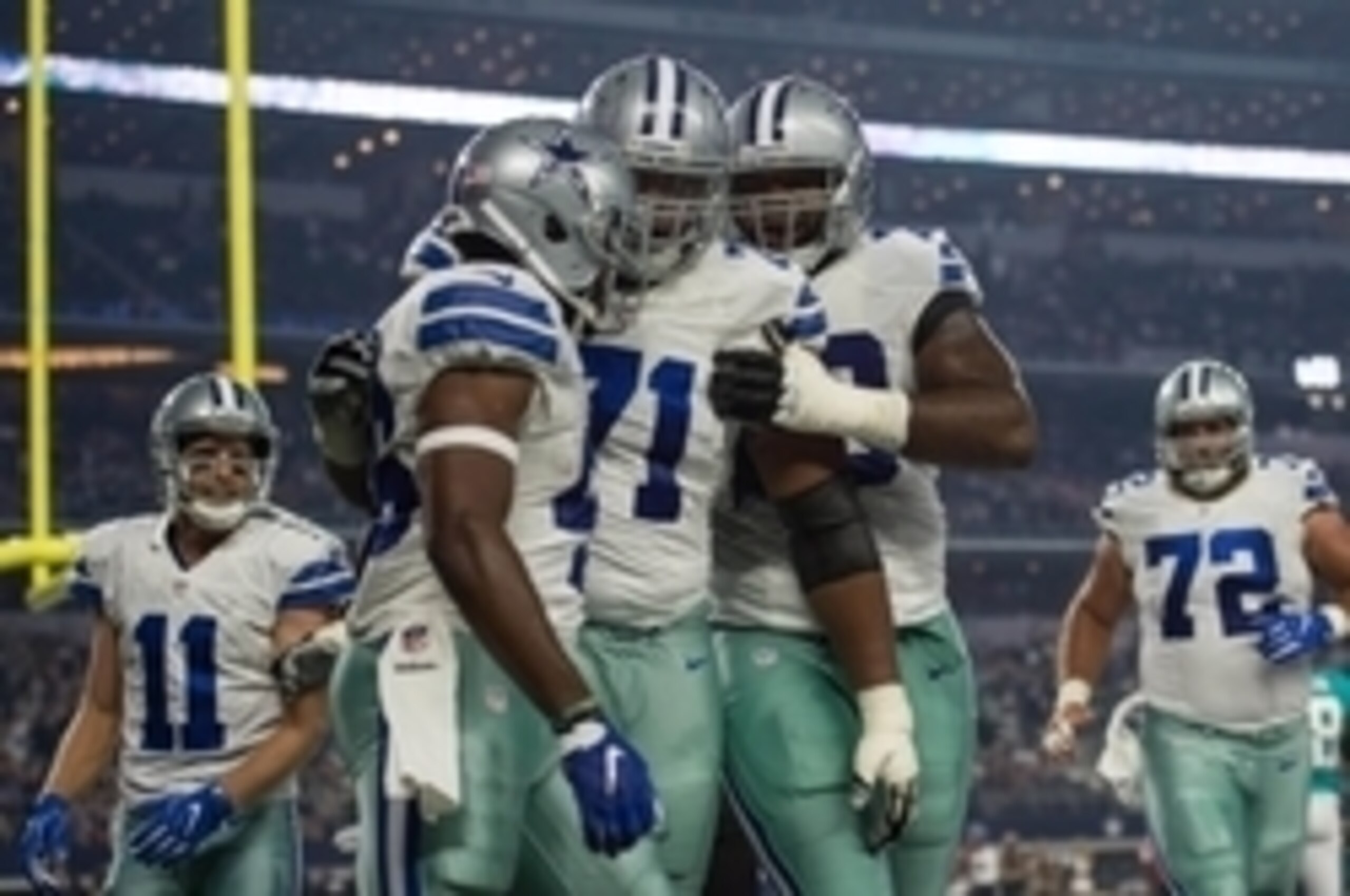 Aug 19, 2016; Arlington, TX, USA; Dallas Cowboys running back Alfred Morris (46) and offensive guard La'el Collins (71) celebrate Morris' touchdown against the Miami Dolphins during the first quarter at AT&T Stadium. Mandatory Credit: Jerome Miron-USA TOD