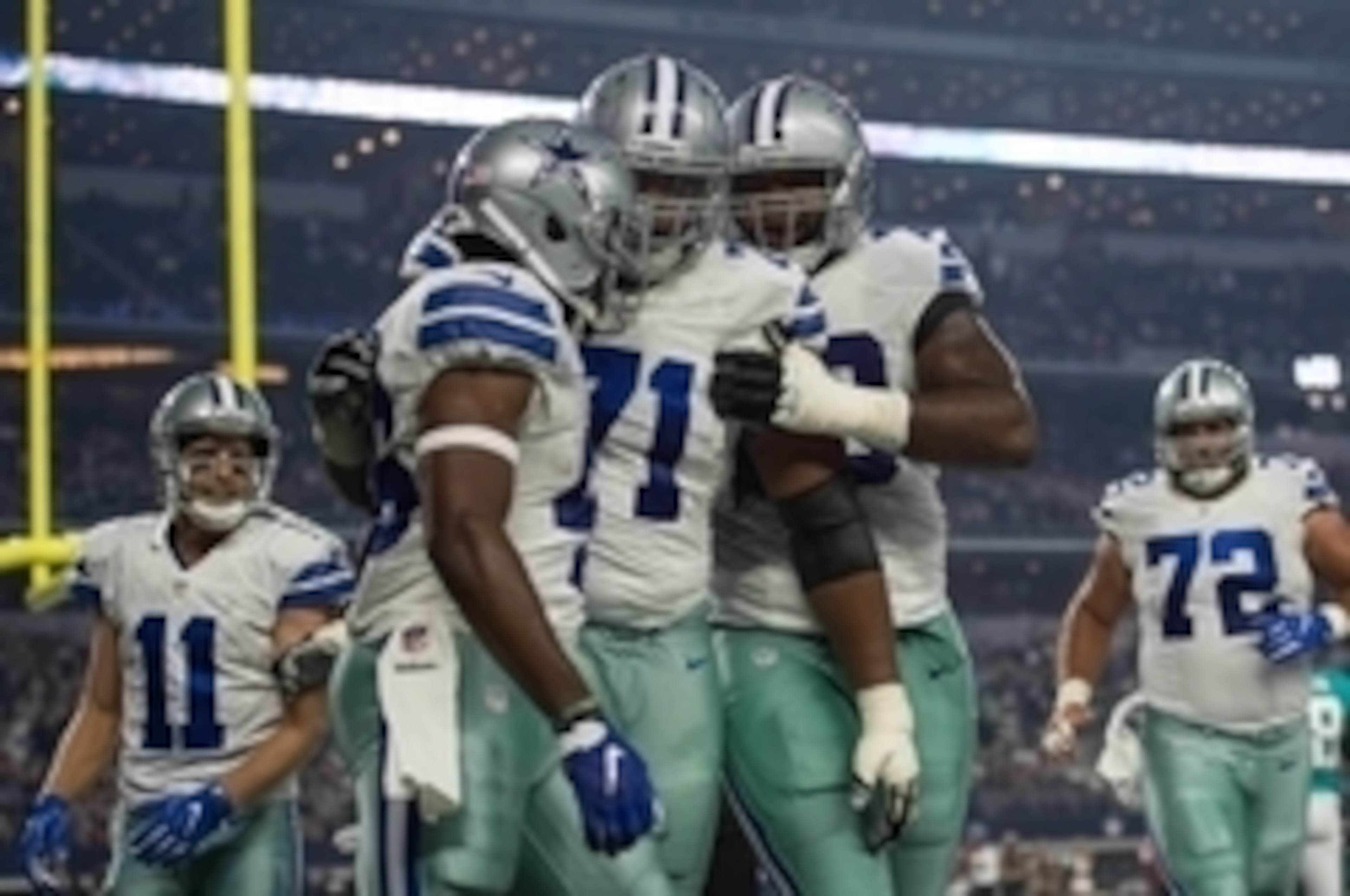 Aug 19, 2016; Arlington, TX, USA; Dallas Cowboys running back Alfred Morris (46) and offensive guard La'el Collins (71) celebrate Morris' touchdown against the Miami Dolphins during the first quarter at AT&T Stadium. Mandatory Credit: Jerome Miron-USA TOD