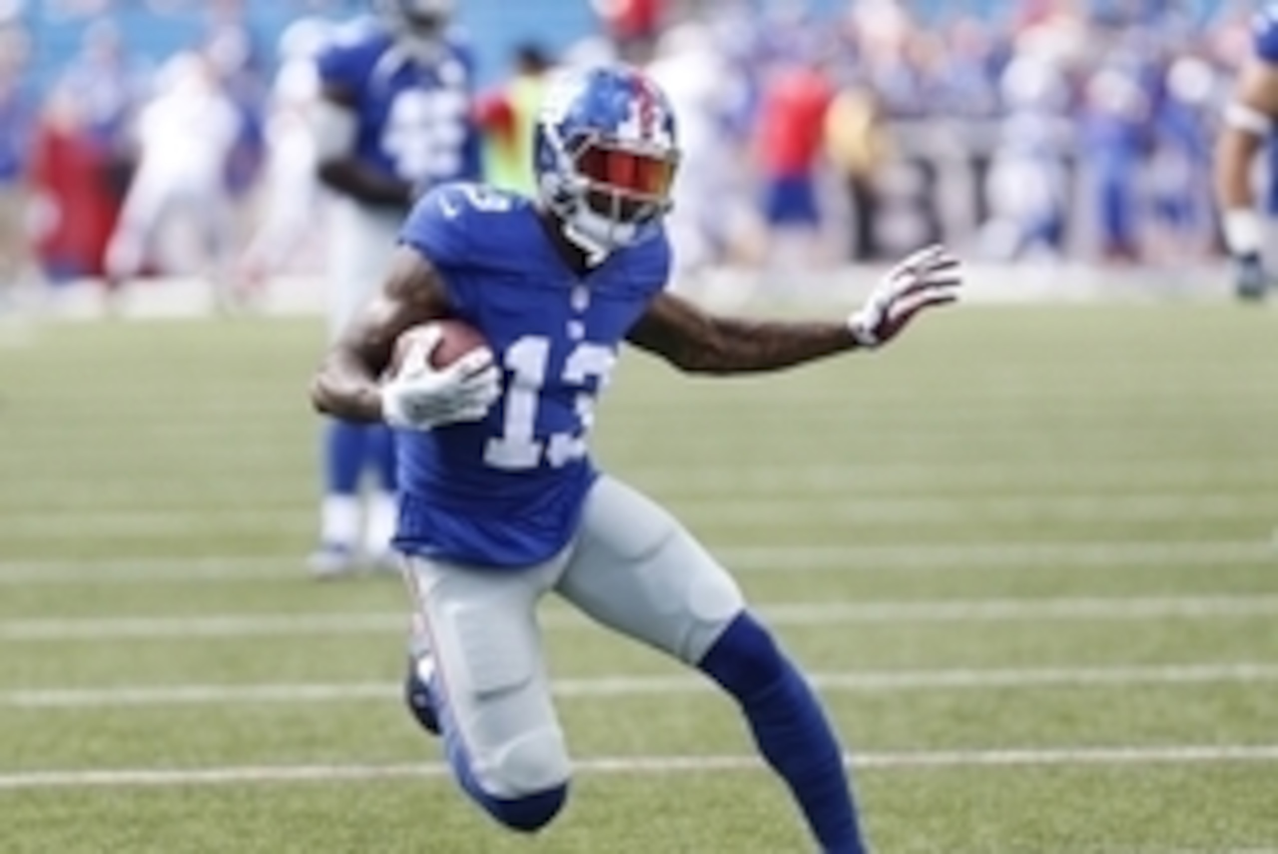 Aug 20, 2016; Orchard Park, NY, USA; New York Giants wide receiver Odell Beckham (13) runs after a catch before the game against the Buffalo Bills at New Era Field. Mandatory Credit: Kevin Hoffman-USA TODAY Sports