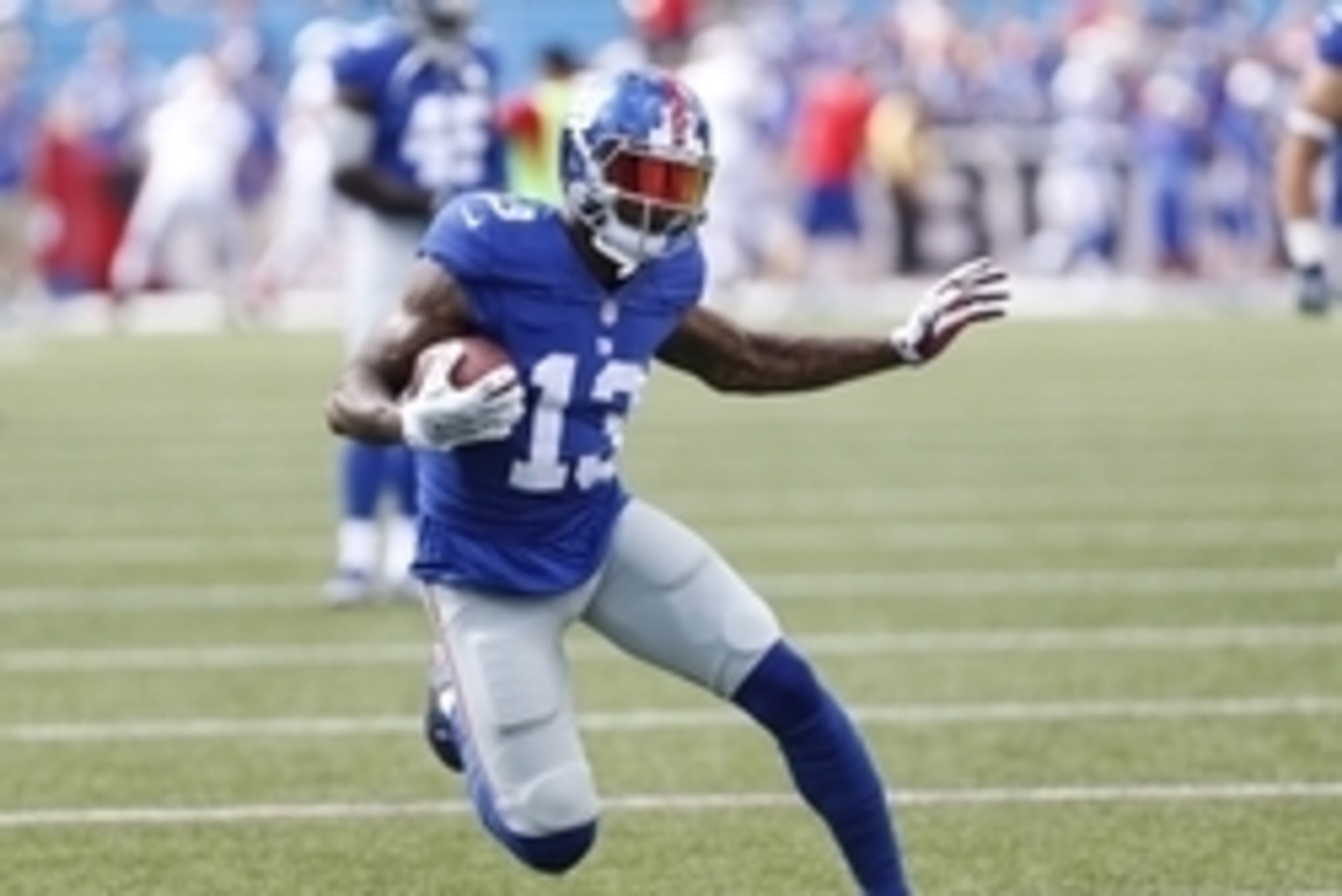 Aug 20, 2016; Orchard Park, NY, USA; New York Giants wide receiver Odell Beckham (13) runs after a catch before the game against the Buffalo Bills at New Era Field. Mandatory Credit: Kevin Hoffman-USA TODAY Sports