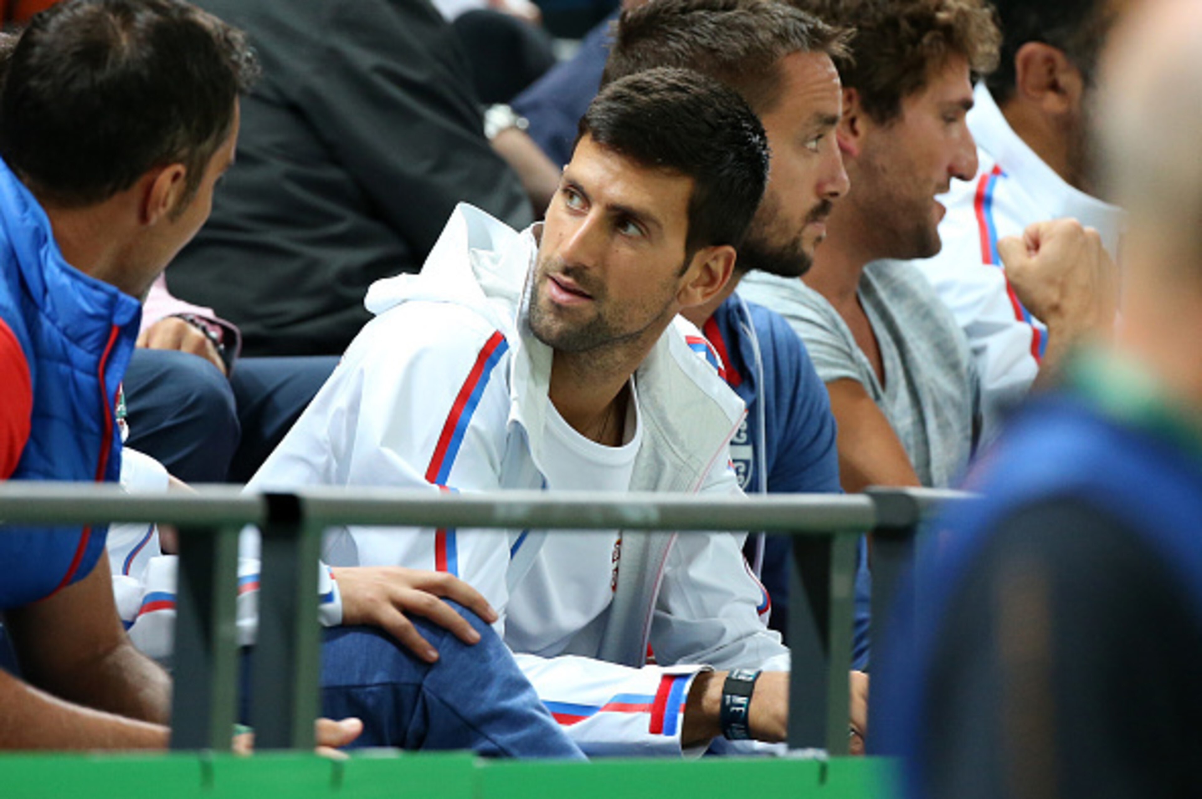 RIO DE JANEIRO, BRAZIL - AUGUST 10: Novak Djokovic cheers for Team Serbia during the men's basketball match between France and Serbia on day 5 of Rio 2016 Olympic Games at Carioca Arena 1 on August 10, 2016 in Rio de Janeiro, Brazil. (Photo by Jean Catuff